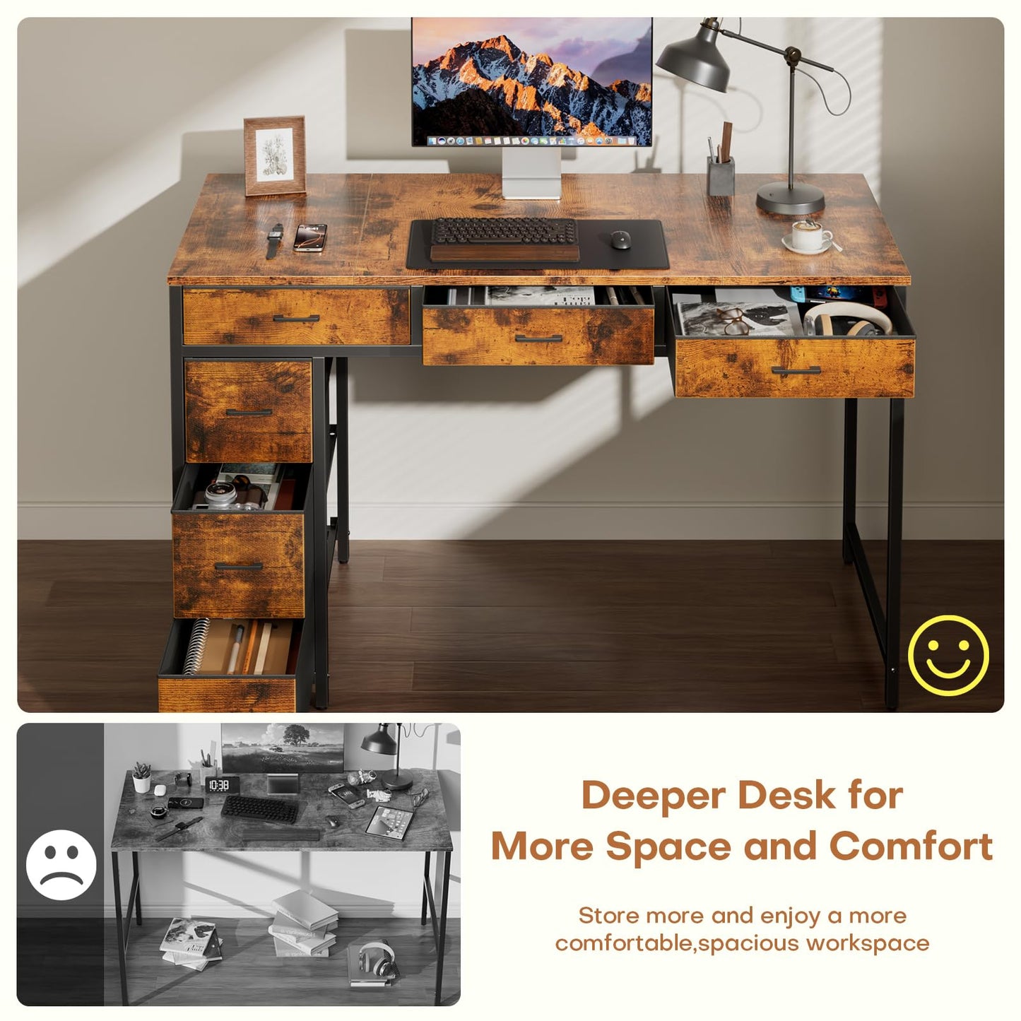 HLDIRECT 47" Computer Desk with 6 Drawers, Home Office Desk with Large Storage for Home Office,Gaming,Writing Study,Work (Brown)