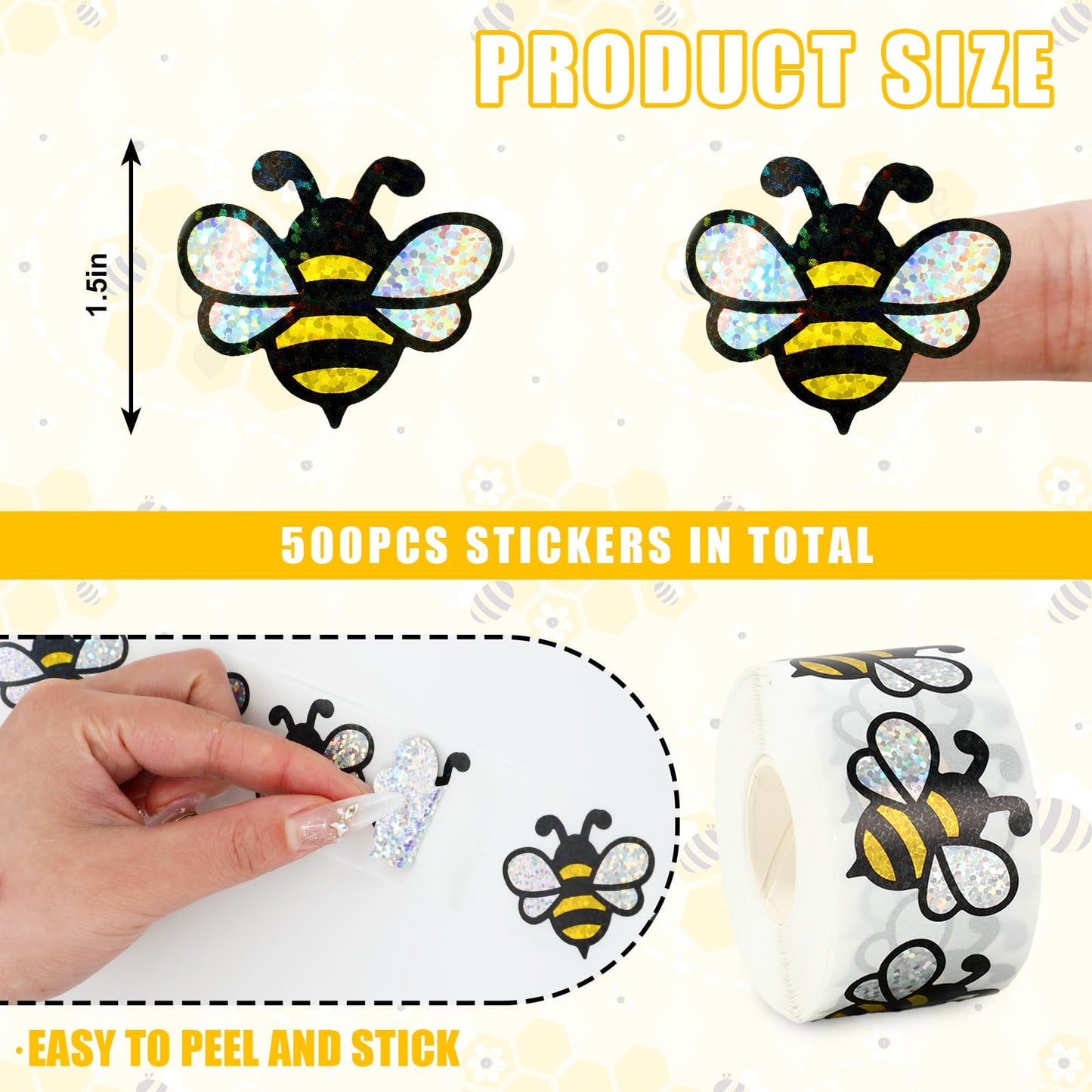 FYSUIMU 500Pcs Bee Stickers 1.5 Inch Summer Holographic Bumble Bee Sticker Decals Roll Sparkly Honeybee Reward Labels for School Classroom Office Planner Envelope Scrapbook DIY Supplies