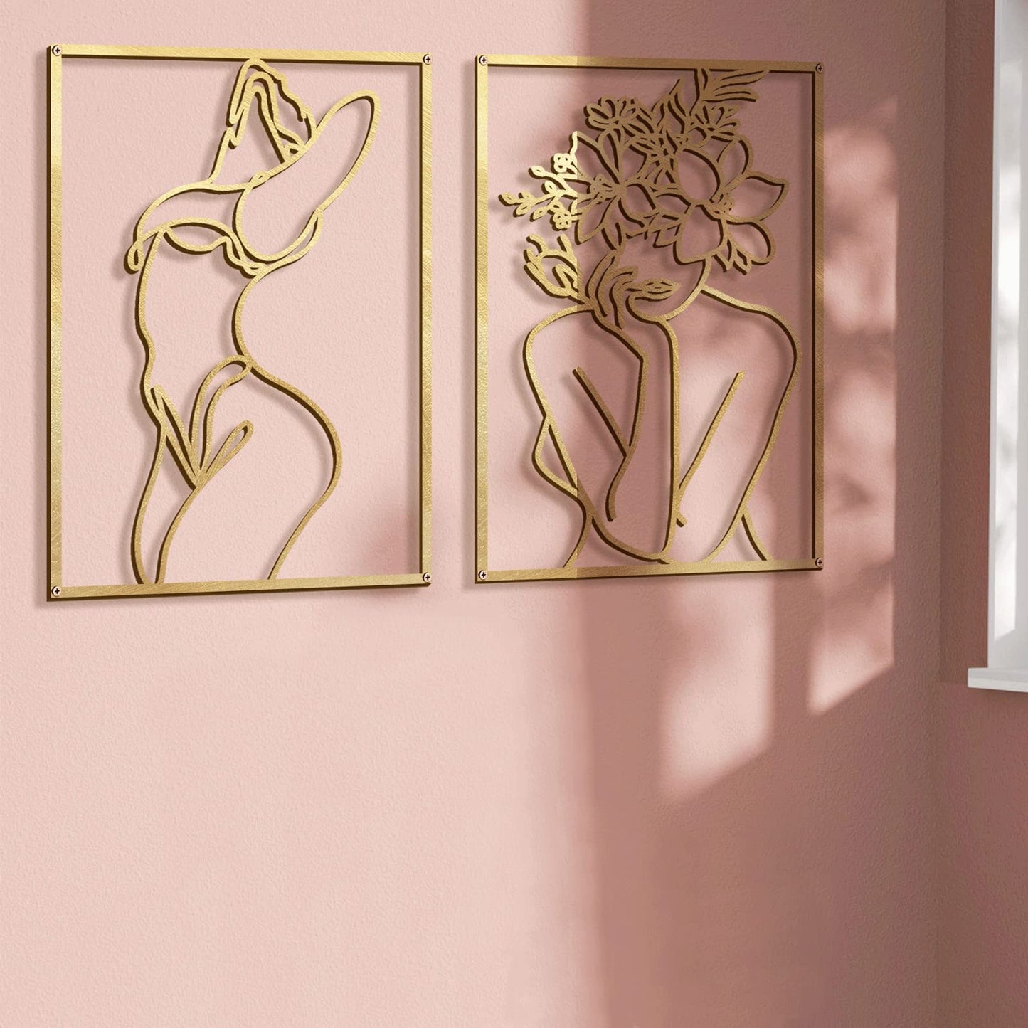 Glamativity 4 Pack Gold Wall Art Decor, Minimalist Single Line Real Metal Wall Art, Woman's Body Shape Abstract Wall Art (Gold Classic Style, 17 x 11.8'')