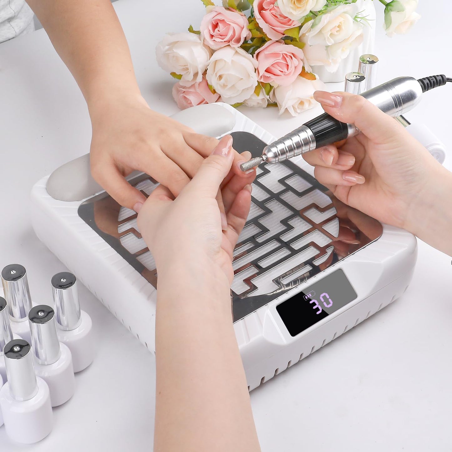 BOMOQING Rechargeable Nail Dust Collector, Professional Dust Collector Nail Tech with LED Display, Powerful Adjustable Nail Dust Cleaner Machine for Acrylic Nail Polishing & Salon use