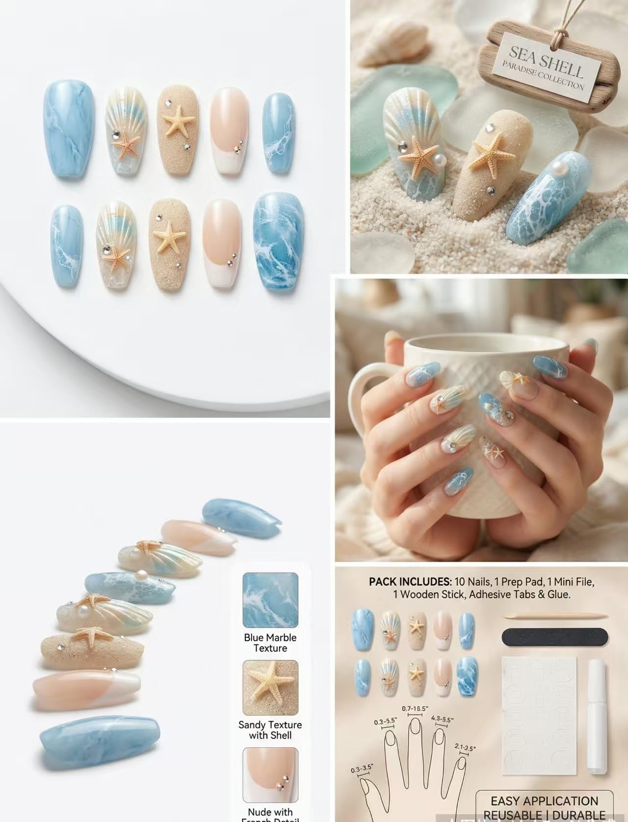 Thrivingbyday 30pcs Reusable Fake Nails,Ocean Theme Press on Nails, Starfish & Seashell 3D Design, Blue Marble & Sandy Texture, Full Cover False Nails with Glue and Adhesive Tabs, Easy to Apply