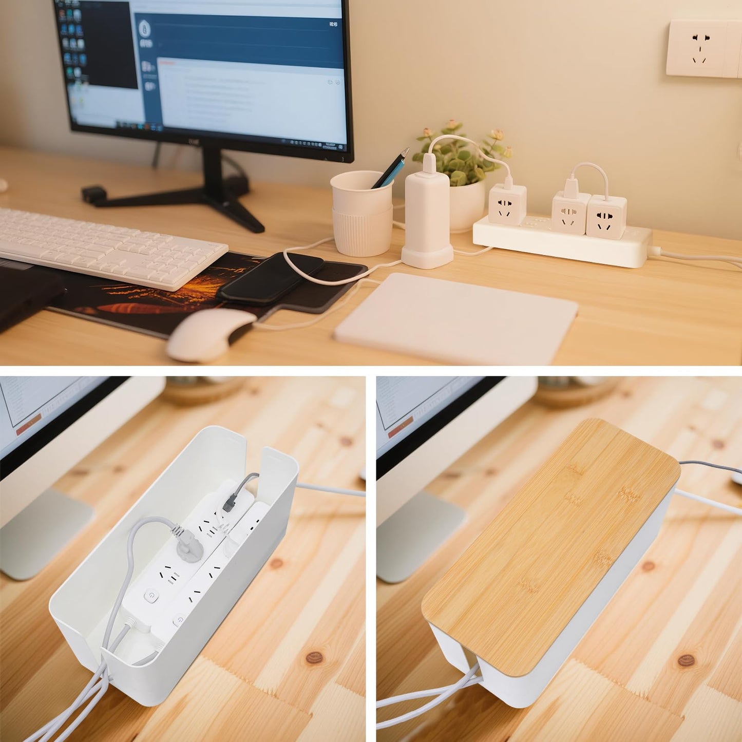 2 Pack Cable Management Box – Child and Pet-Proof Cord Organizer with Bamboo-Style Design, Large Capacity Cable Cover for Hiding TV Wires, Computer Cables, Power Strips,and USB Hubs, White