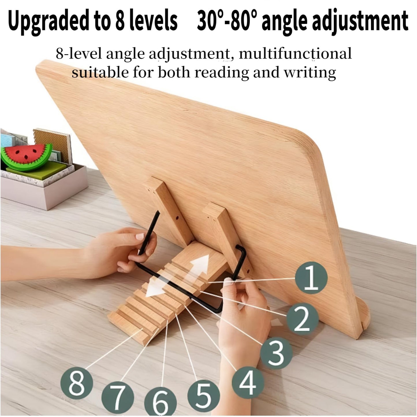 Reading Rack Wooden Bookshelf - Book Stand Foldable with 8 Adjustable Positions and Page Clips,Suitable for cookbooks、iPads、laptops、Sheet Music、and Reading Stands (13.4x9.45inch)