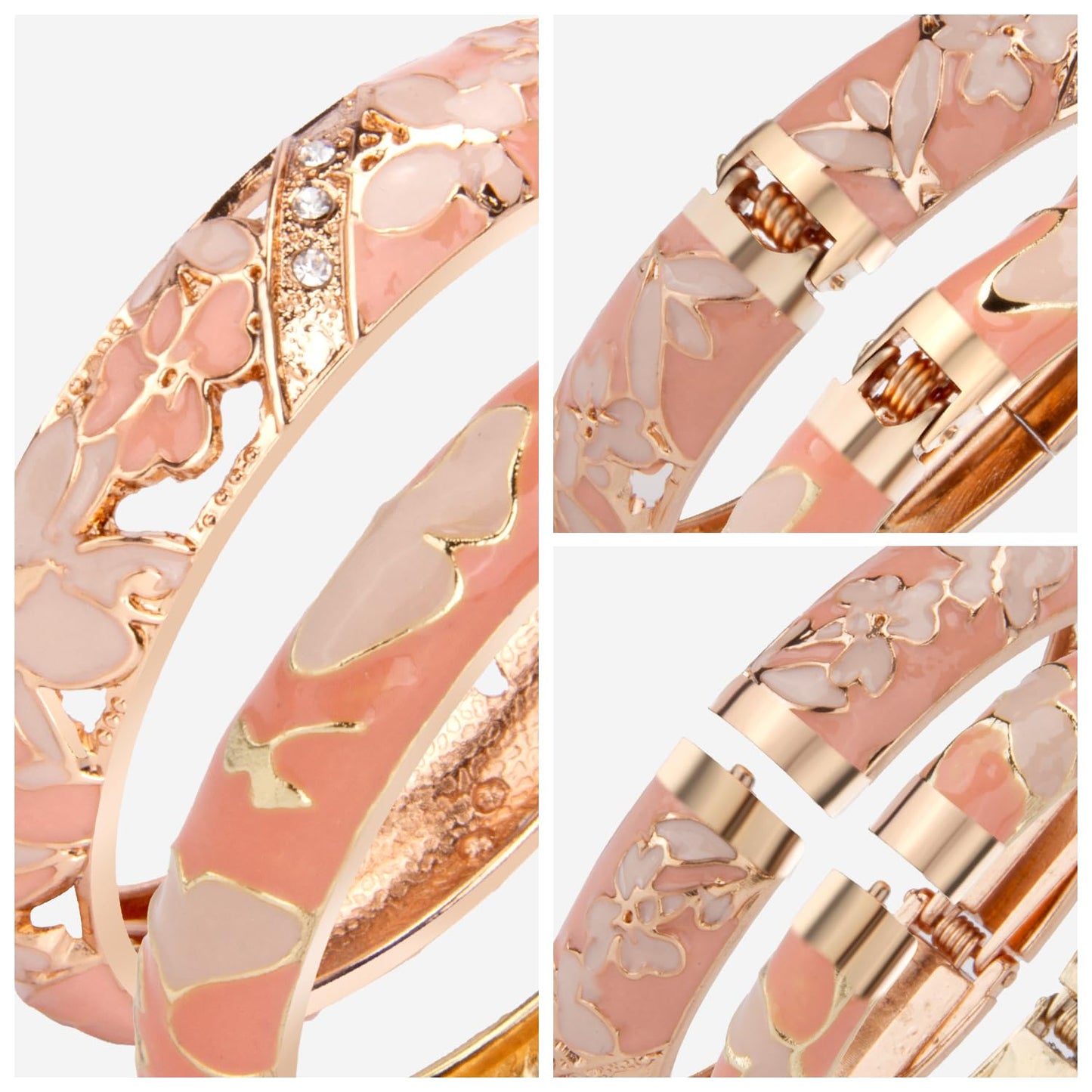 wynameleri Vintage Jewelry Cloisonne Handcrafted Enameled Gorgeous Rhinestone Flower Gold Hinged Cuff Bracelet Bangles Gifts 88C07-55A45 pink