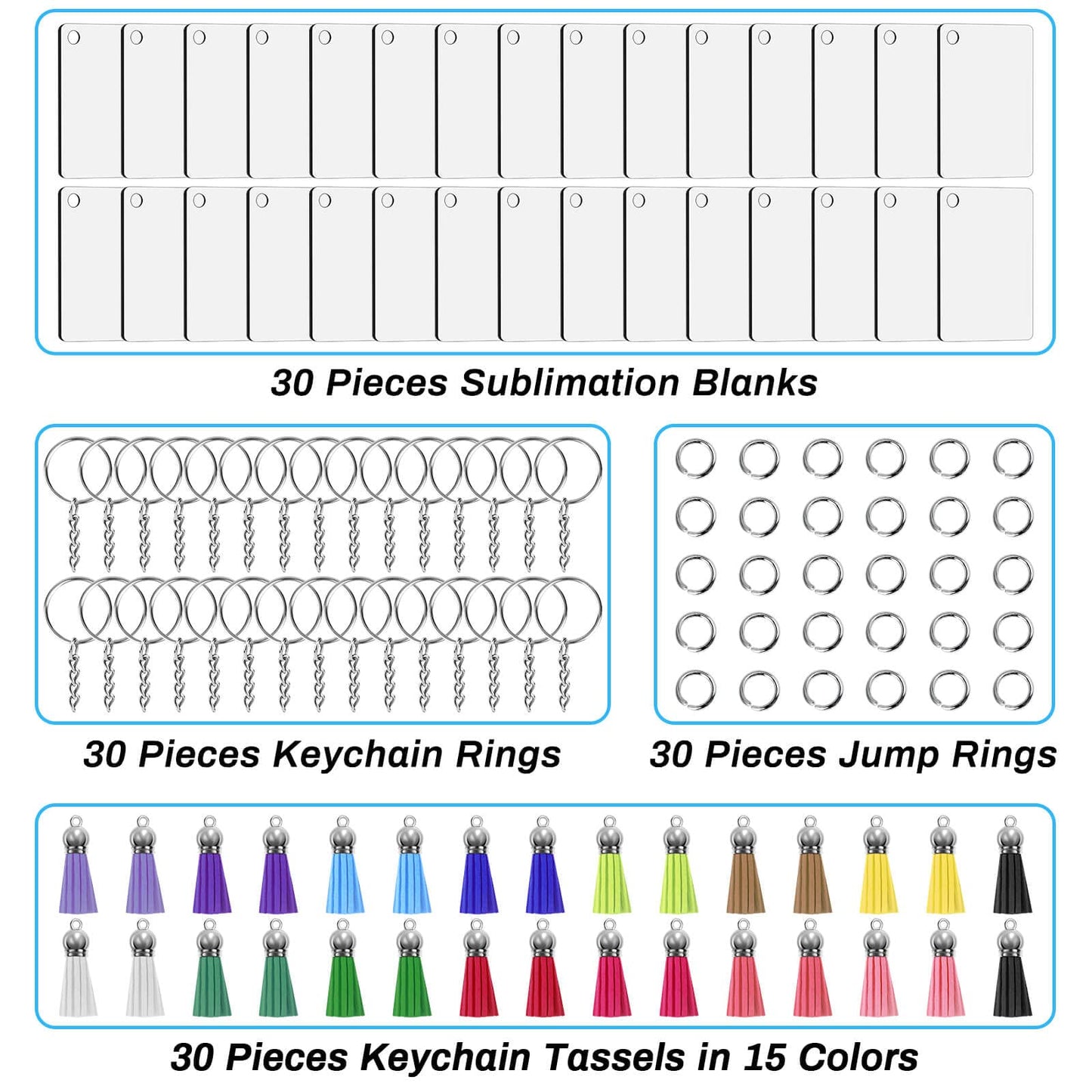 Modacraft 120Pcs Sublimation Keychain Blanks Bulk Set with Rectangle Sublimation Blanks Tassels Keychain Rings & Jump Rings for DIY Keychains Crafting