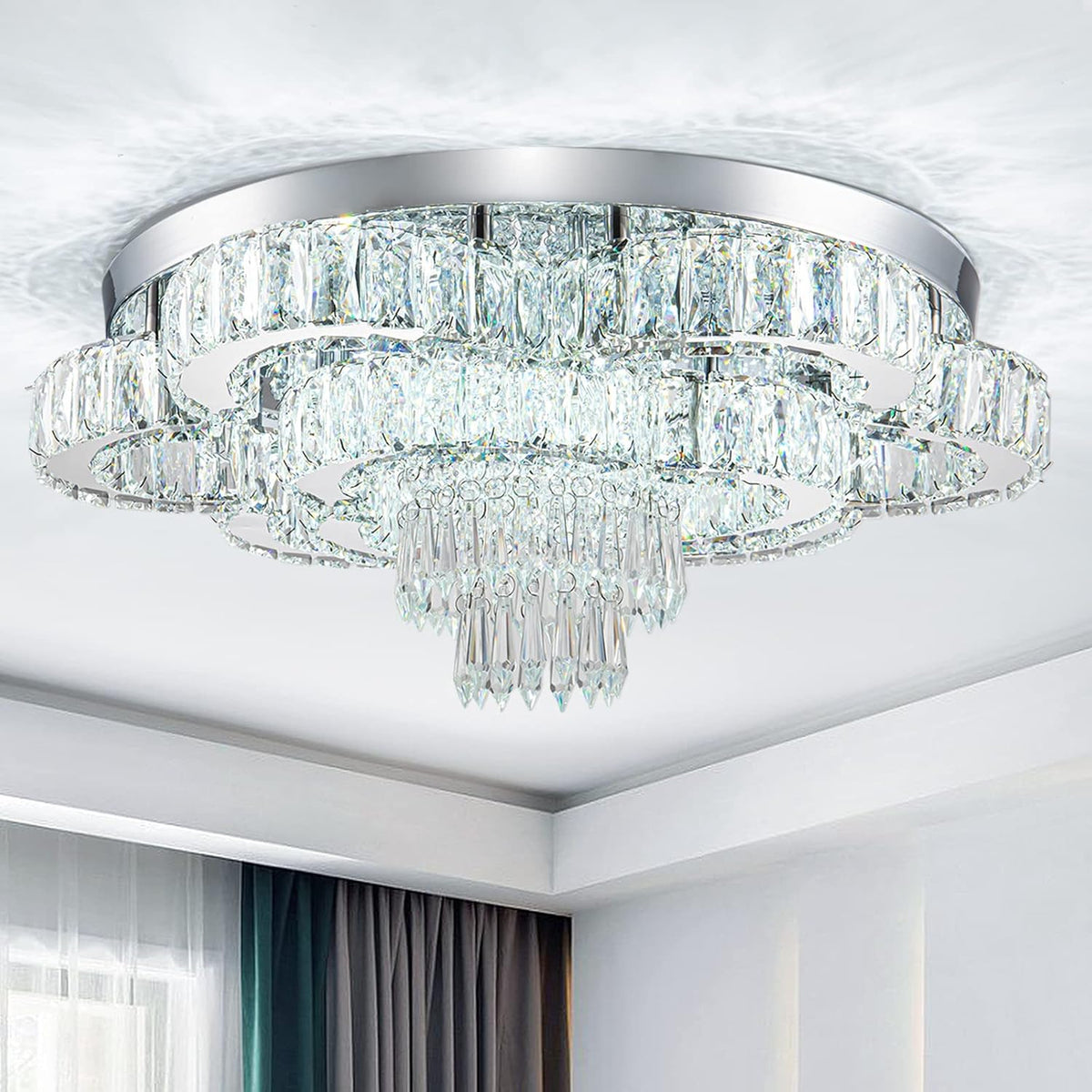 21 Inch Crystal Chandelier LED Flush Mount Ceiling Light Fixtures Luxury Chandeliers for Living Room Bathroom Bedroom Entrance Dining Room(Cool White)