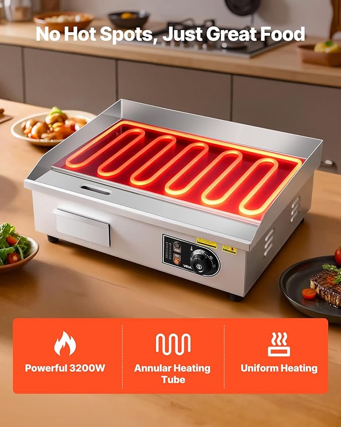 VEVOR Commercial Electric Griddle, 21.06 x 11.81 inch, 3200W, 122-570°F Adjustable Temp Control, Stainless Steel Body, Full Flat, with 2 Spatulas, 2 Brushes, and 4 Foot Pads, for Steak, Pancake