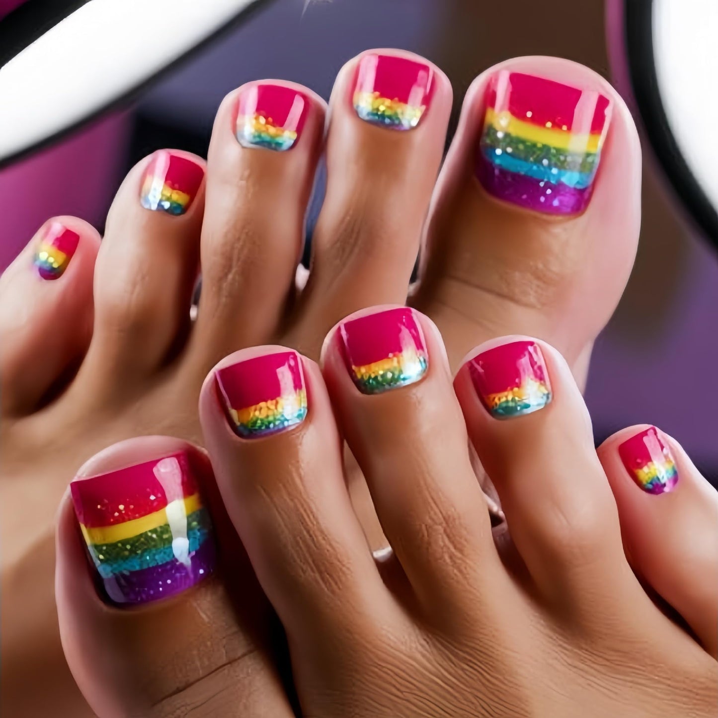 Rainbow Press on Toenails Short Square Fake Toe Nails Press ons Colorful Stripes Design False Toenails Glossy Glue on Toe Nails Spring Summer Acrylic Toenails for Coquette Women 24Pcs