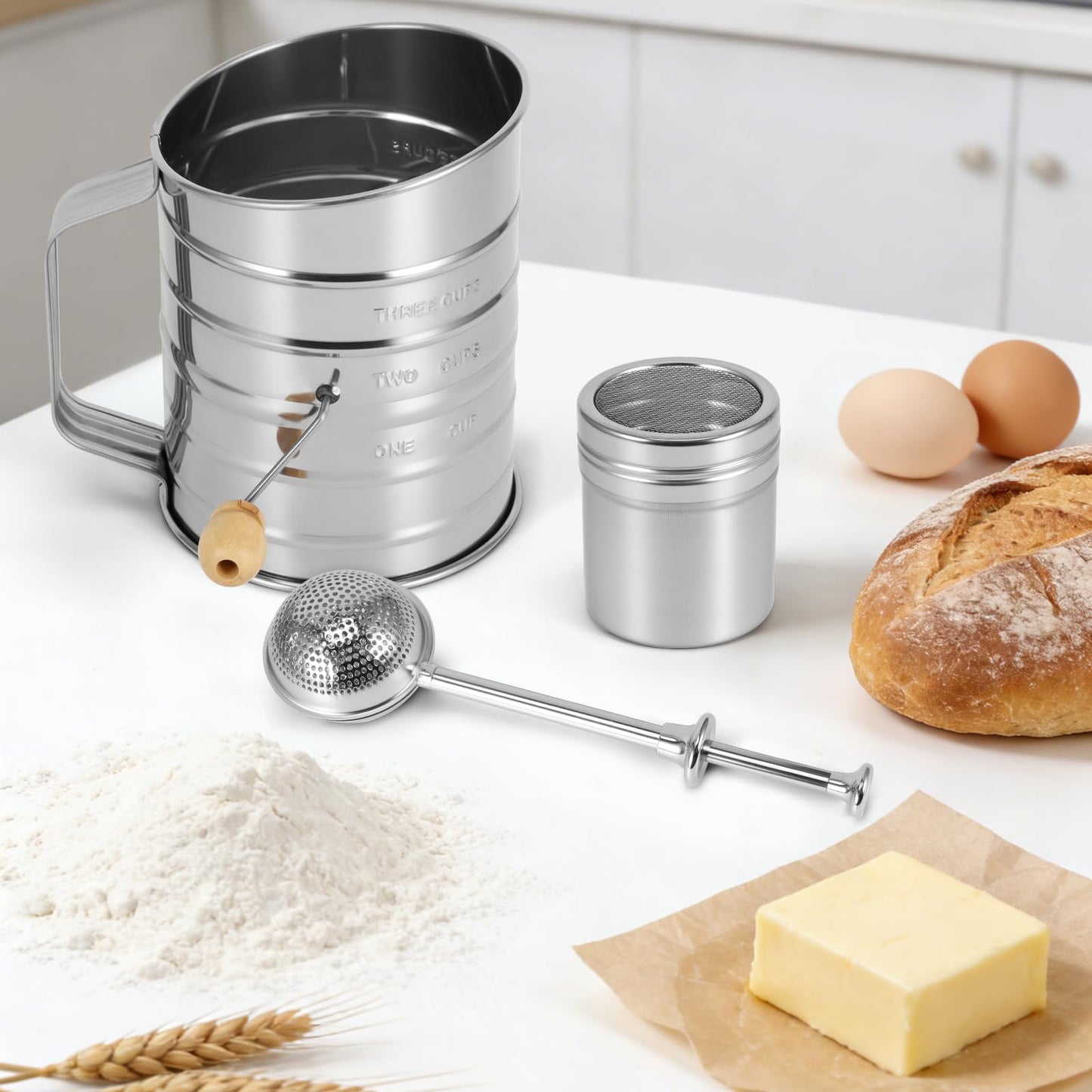 Large Handheld Rotary Flour Sifter Set – Stainless Steel Hand-Crank Sifter with Baking Sifter, Powder Sugar Duster, Shaker Cup & Sifter Stick for Cakes, Bread & Pastry