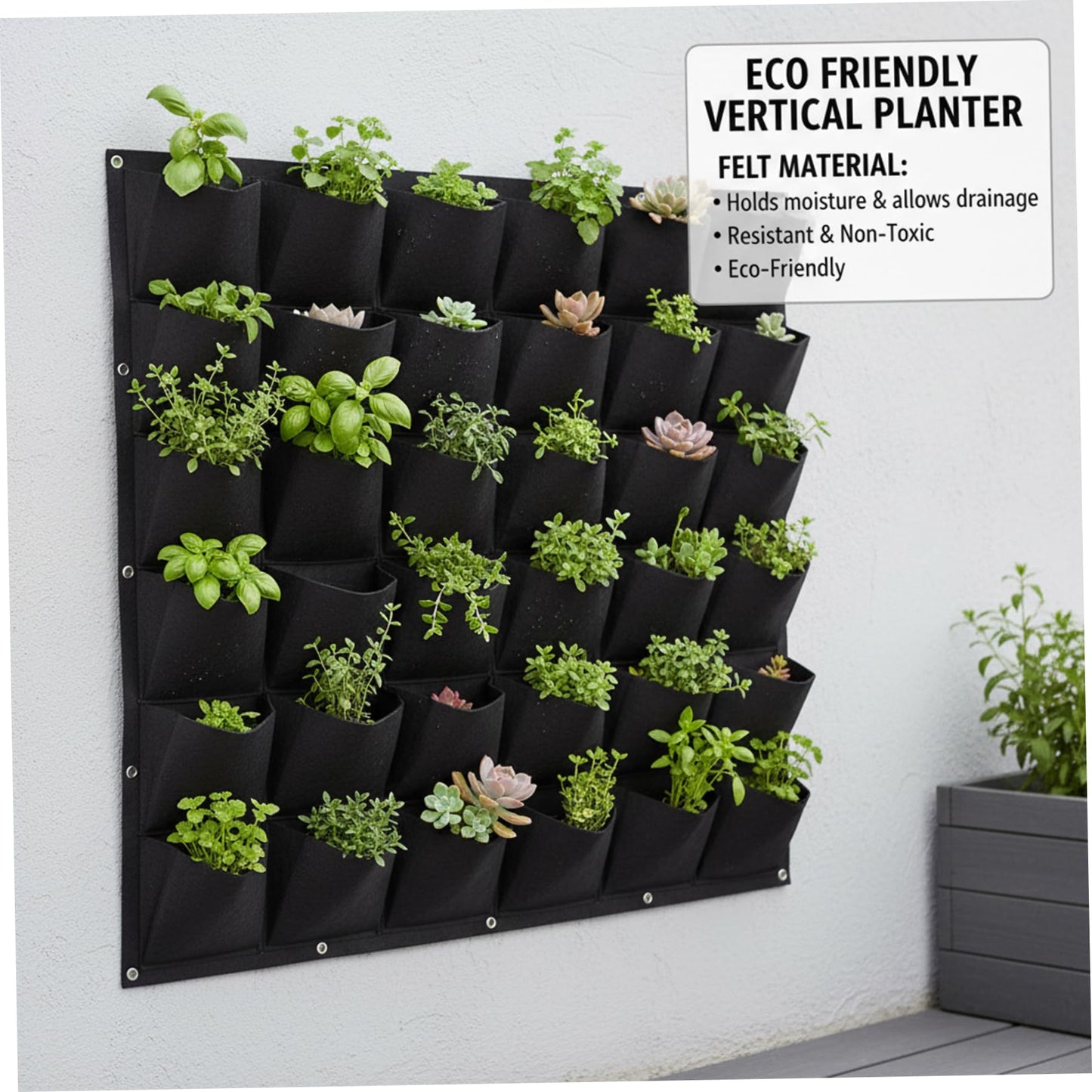 Bemonew Vertical Planter Vertical Garden Planter with 36 Pockets, Living Wall for Indoor Outdoor Use, Thick Non-Woven Fabric Planting Bag (Black, 39.4"x39.4")