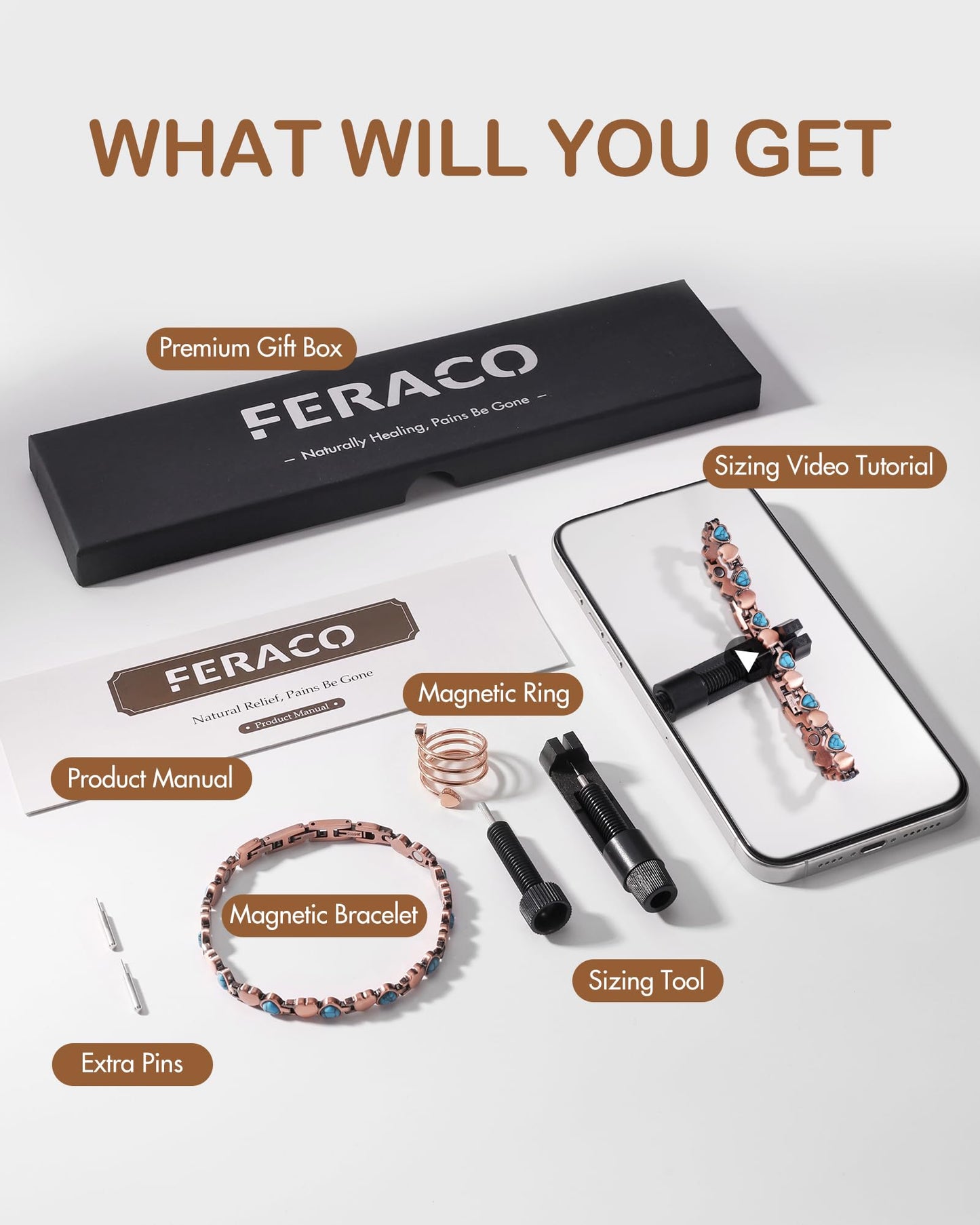 Feraco Pure Copper Bracelets & Rings for Women, Ultra Strength Magnetic Bracelet with 3800 Gauss Magnets & Natural Turquoise, Adjustable, Jewelry Gift (Ocean Heart)