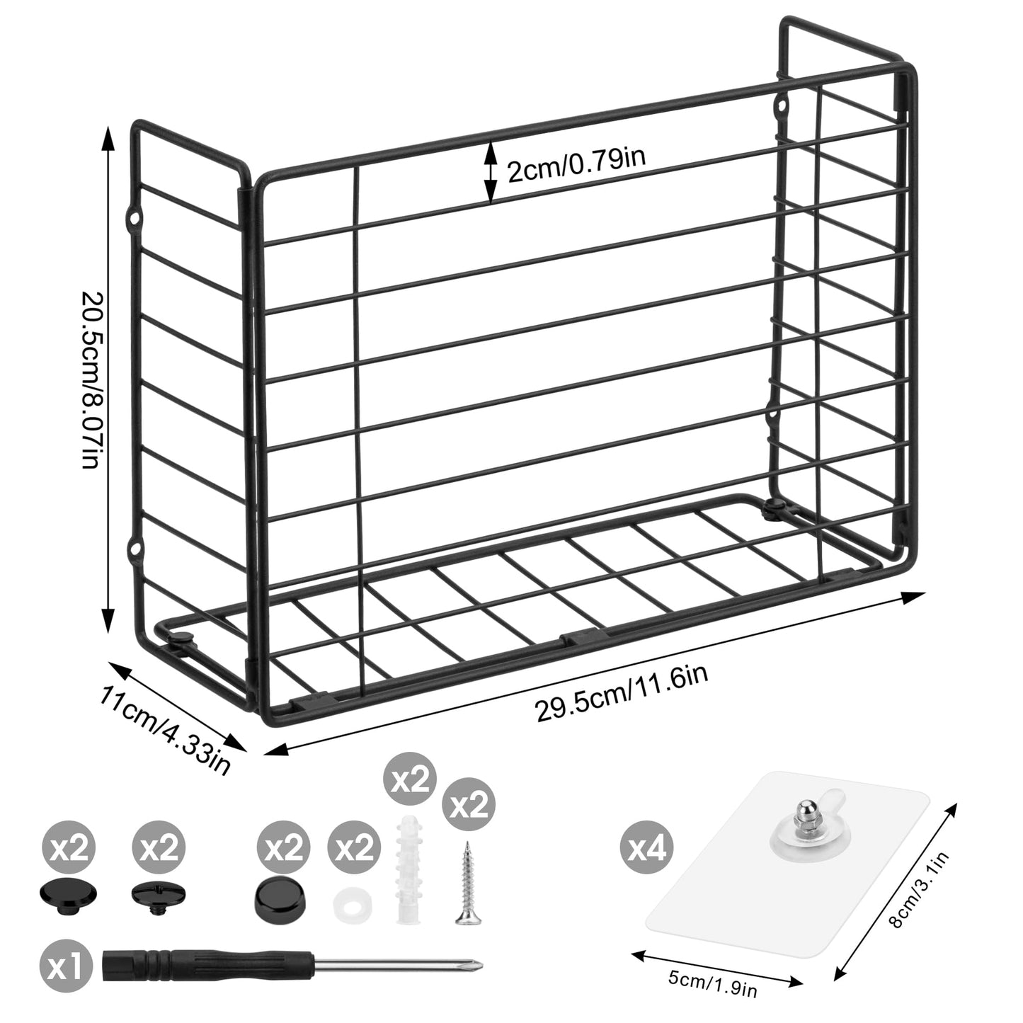 Lonian Wall Mounted Storage Basket, Black Metal Wire Kitchen Wrap Organizer Rack, Heavy Duty Hanging Basket for Cabinet Door, Pantry, Cutting Boards, Foil, and Cleaning Supplies
