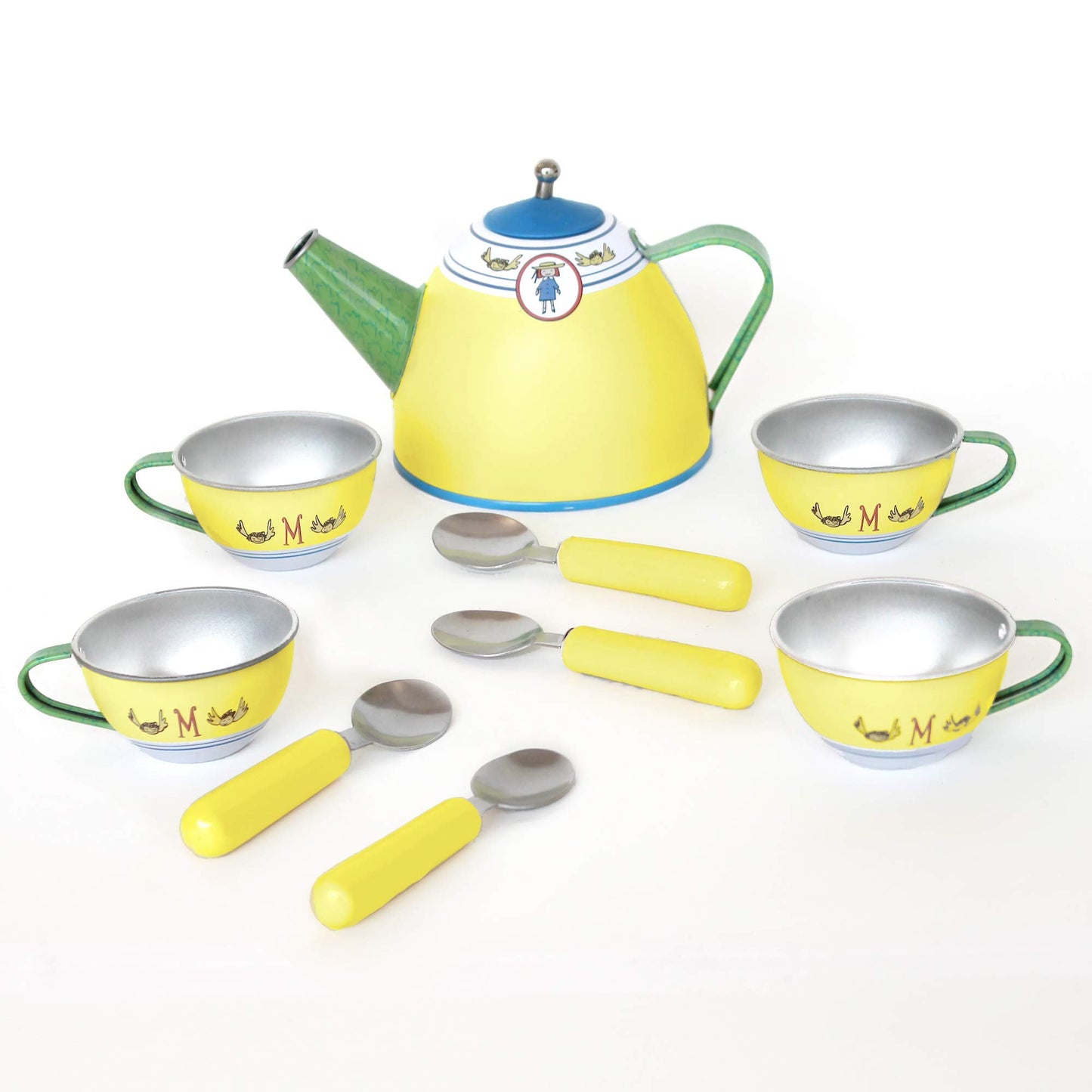 YOTTOY Madeline Collection | 23-Piece Kids Tin Tea Set Toy w/ Illustrations, Monograms, Carry Case