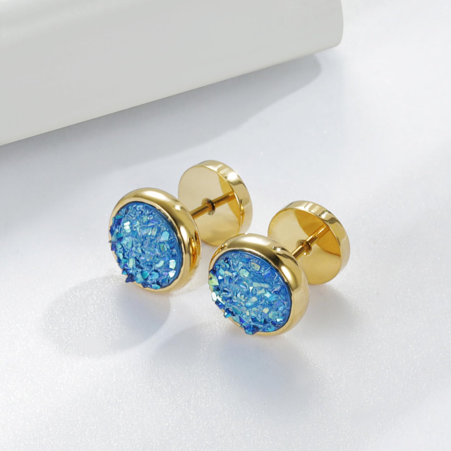Women Men Flat Back Stud Earrings Non-Nickel Crystal Stone Earrings Titanium Stainless Steel Hypoallergenic Cartilage Earrings Stud for Sensitive Ears(Blue-gold)