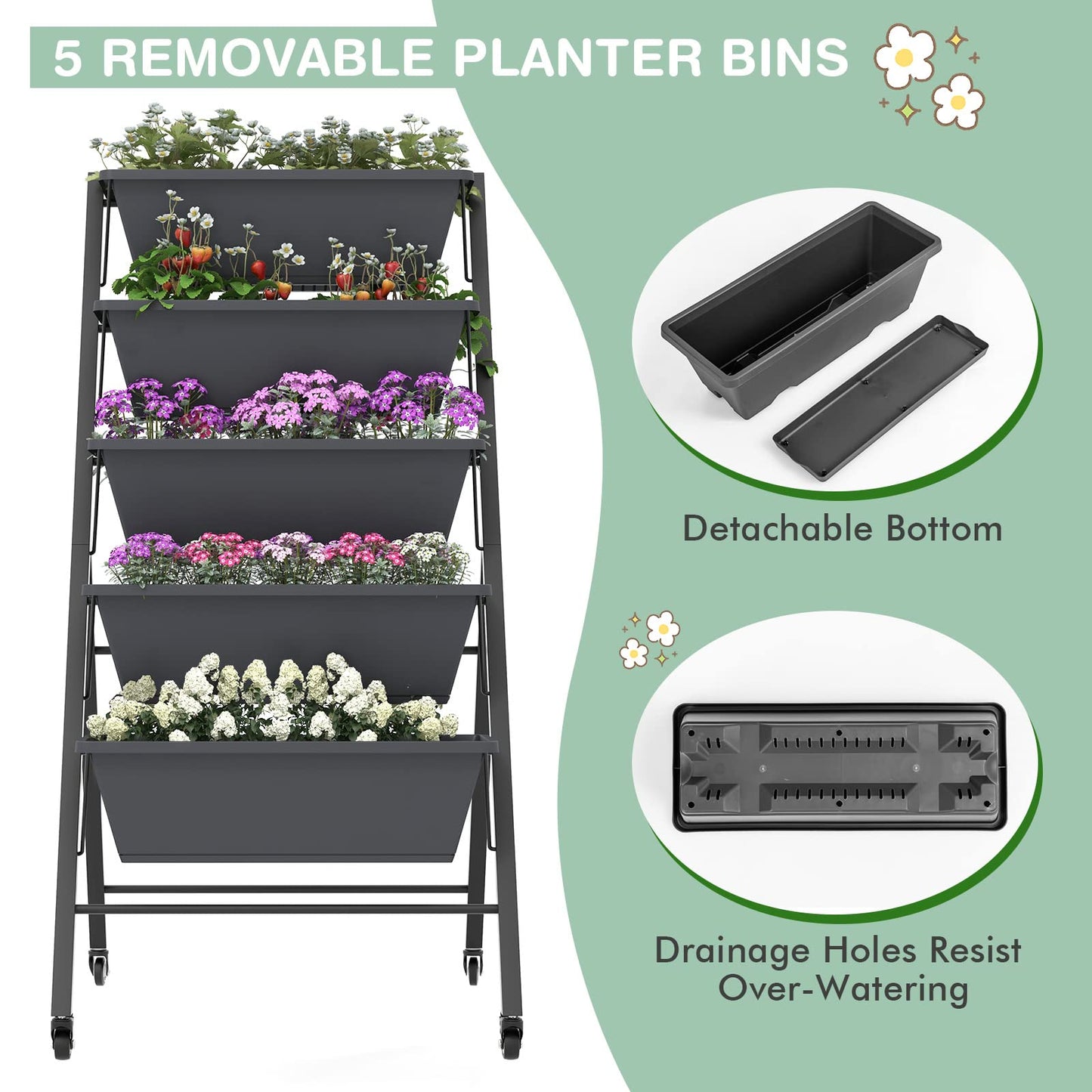 S AFSTAR 5-Tier Vertical Garden Planter, Raised Garden Bed with 2 Lockable Wheels, 7 Removable Planter Boxes, Metal Frame, Indoor Outdoor Elevated Planting Box for Flower Vegetables Fruit Herbs