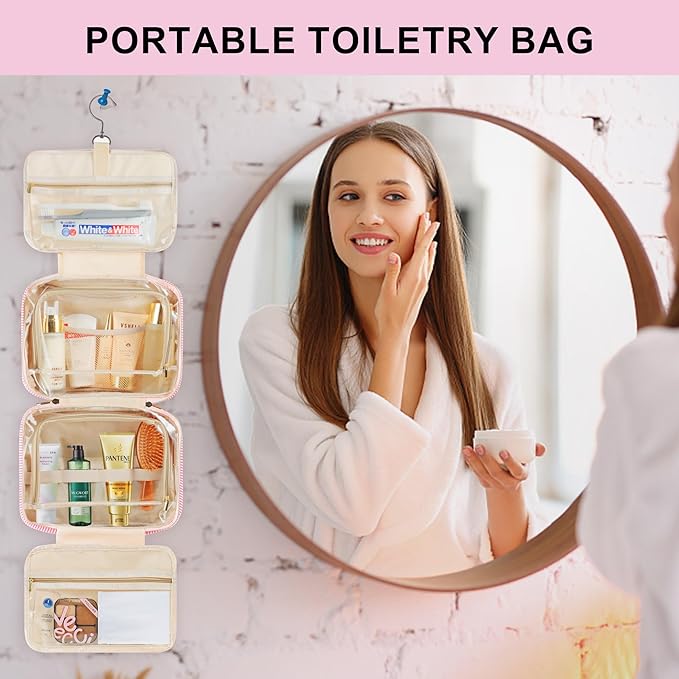 TOPEAST Hanging Toiletry Bag - Large Capacity Personalized Travel Bag for Women, Cruise Ship Essentials - Letter S, Pink