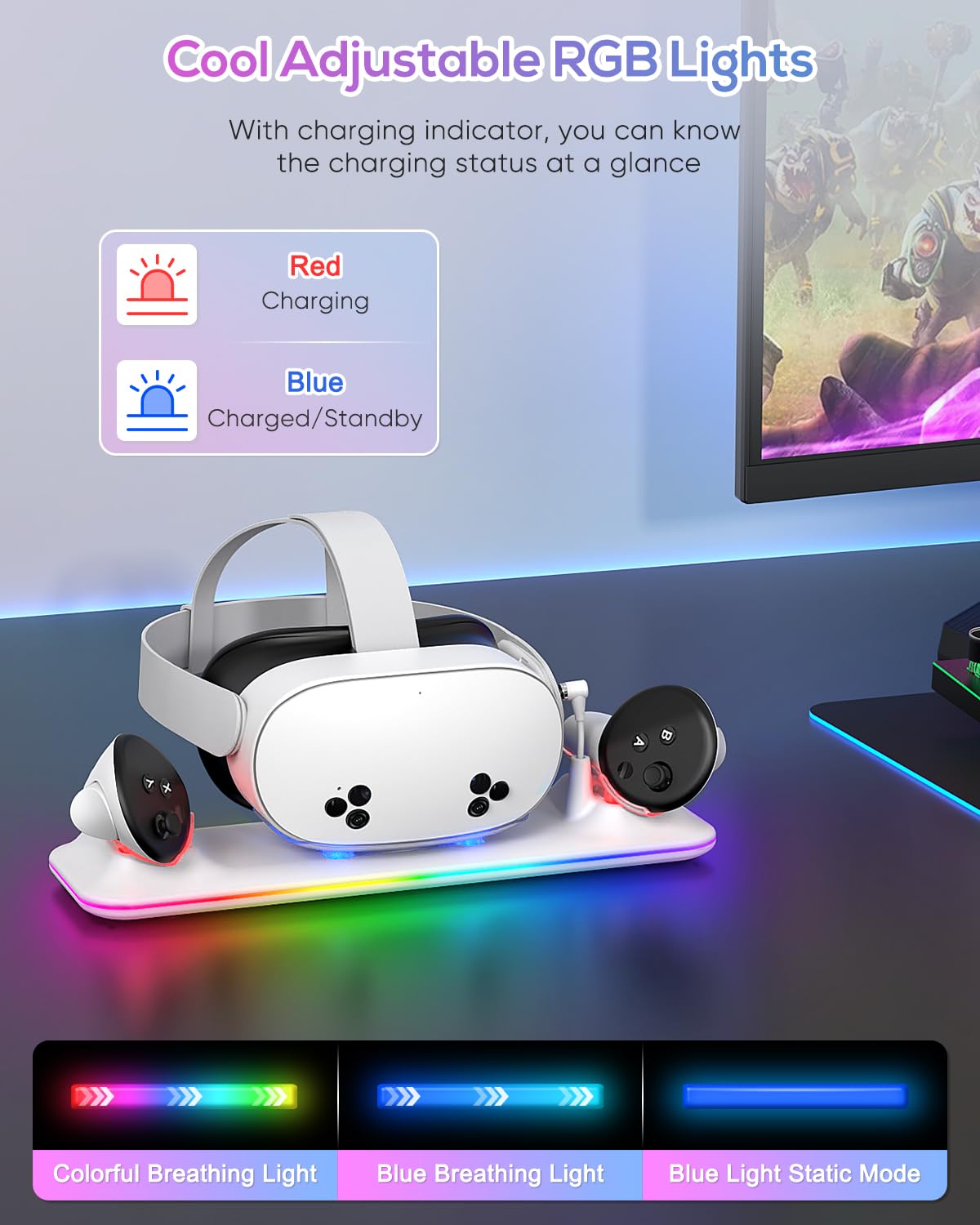 Charging Dock for Meta Quest 3S/3, Kinwin Magnetic Charging Station for Oculus Quest 3S/3 Accessories with RGB Light, Charging Stand for VR Headset & Controller with 2 Rechargeable Batteries (White)