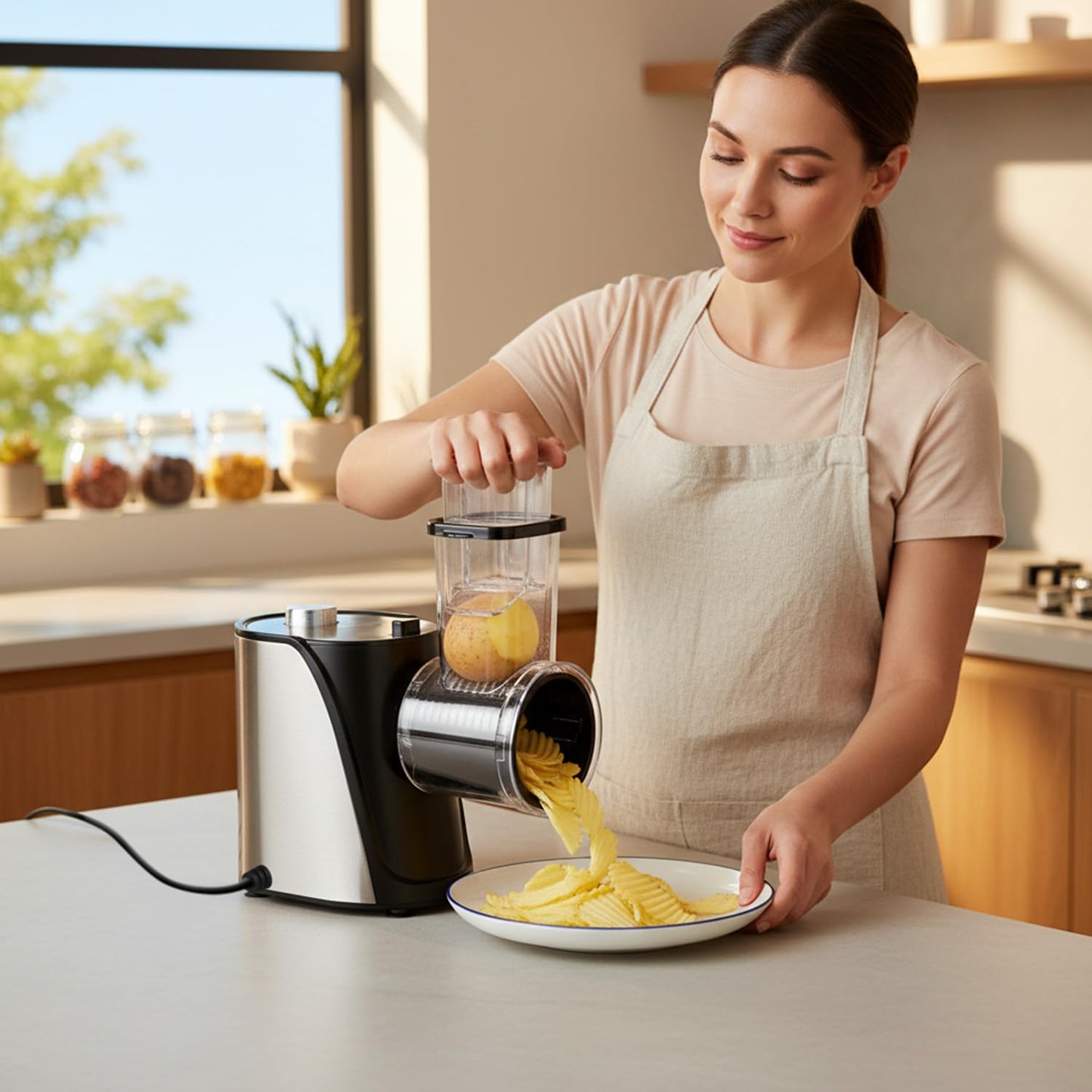 Inequalit Electric Vegetables Slicer Cheese Shredder, 5-in-1 250W Professional Automatic Salad Fruits Maker Shooter Chopper Machine Kitchen Cutter Grater Food Processor with 5 Different Blades