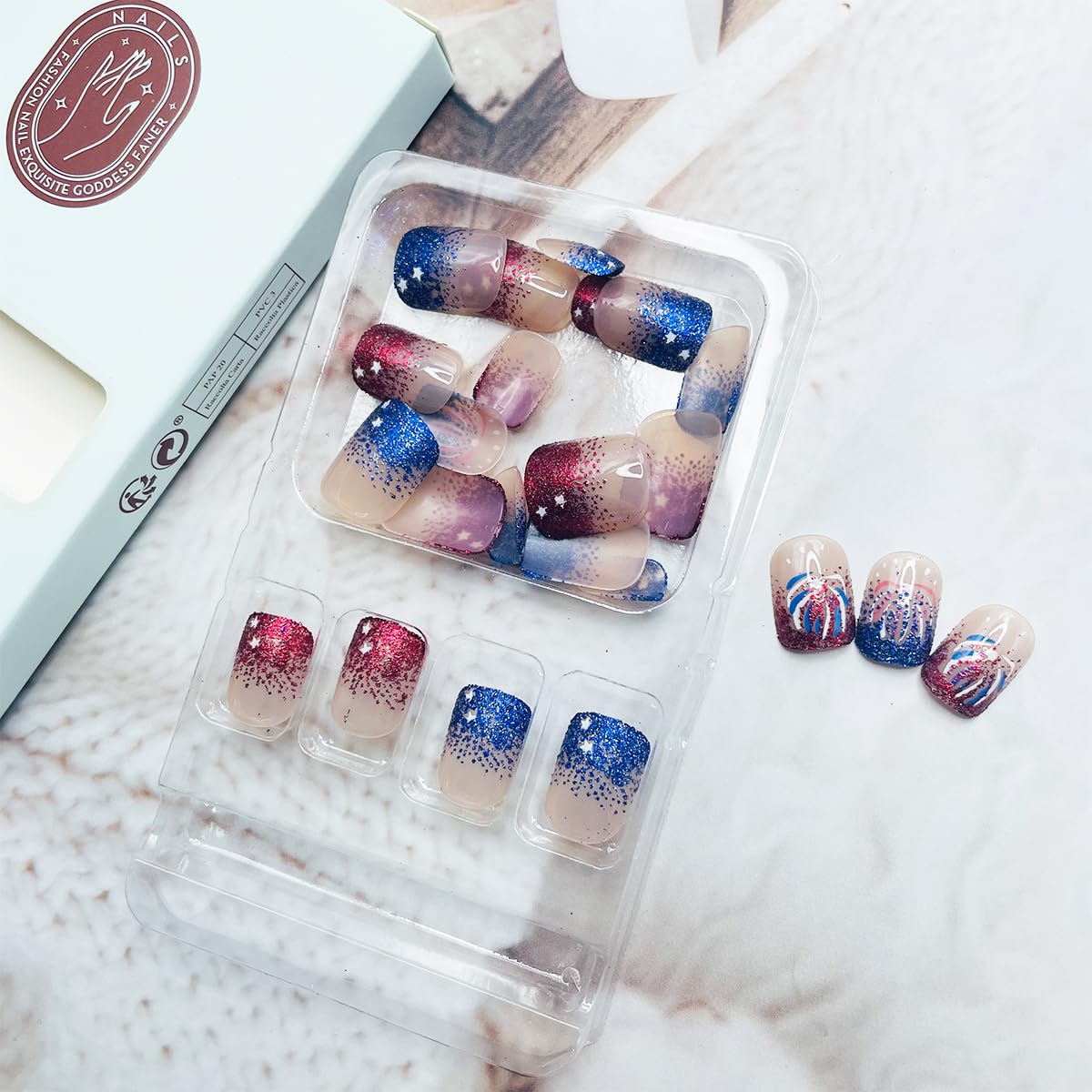 Independence Day Red Blue Glitter Firework Press on Nails Short Square 4th of July Fake Nails with Designs Bling Acrylic Nails Reusable Full Cover False Nails French Tips Glue on Nails for Women 24Pcs