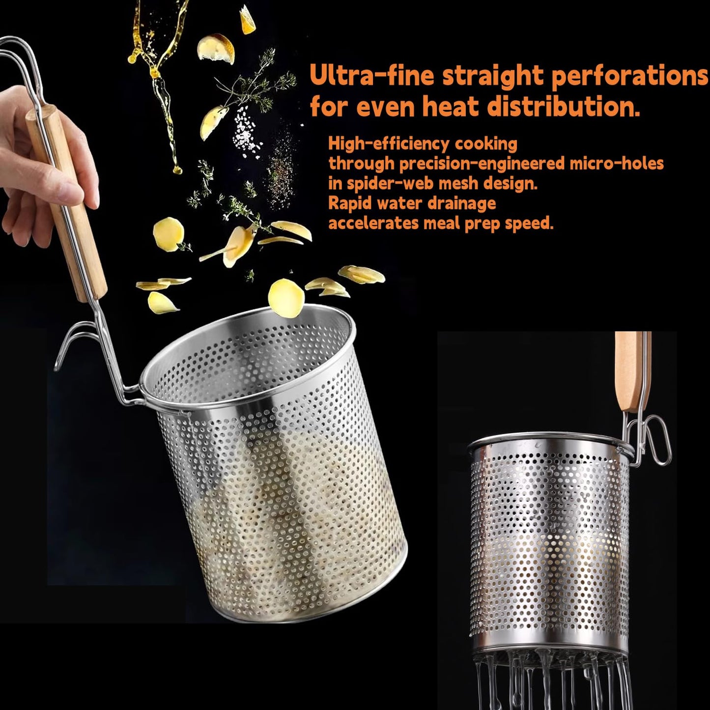 2 Pieces Pasta Strainer, Stainless Steel Mesh Spider Strainer, Basket Fine Mesh Spider Basket with Wooden Handle Good For Boiling Food Spaghetti Dumpling
