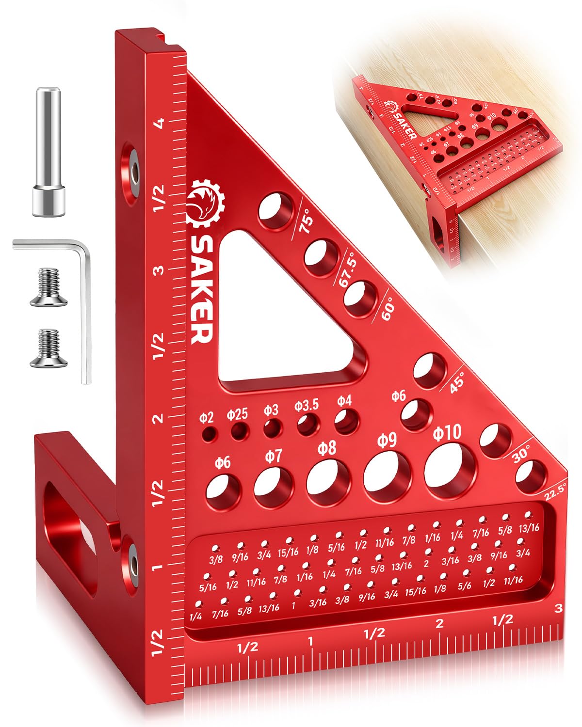 Saker 3D Multi-Angle Measuring Square Ruler, Aluminum Alloy Carpenter Square, 0-90° Precision Hole Scribing Ruler with Angle Pin for Woodworking, Engineering, and Construction Projects