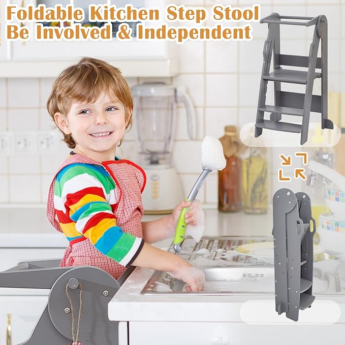 FUNLIO Foldable Kitchen Step Stool for Kids 2-6 Years, Montessori Step Stool, 3-Level Height Adjustable Standing Tower, Easy to Assemble, CPC & CE,Grey