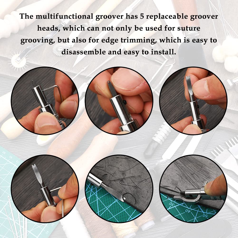 Leather Craft Tools, 60 Pieces Leather Working Tools and Supplies with Storage Bag Cutting Mat Prong Punch Groover Edge Creaser Stamping Carving Knife Awl Hammer for Craft Making DIY Sewing