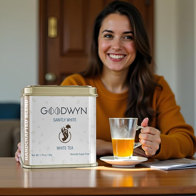 Goodwyn White Tea Loose Leaf – 25 Cups (50g / 1.76 oz) | Premium Handpicked Whole Leaves, Imperial Indian White Tea | Pure Delicate Floral Flavor, Low Caffeine, Sugar-Free | Hot or Iced | Luxury Tin | Gift-Ready