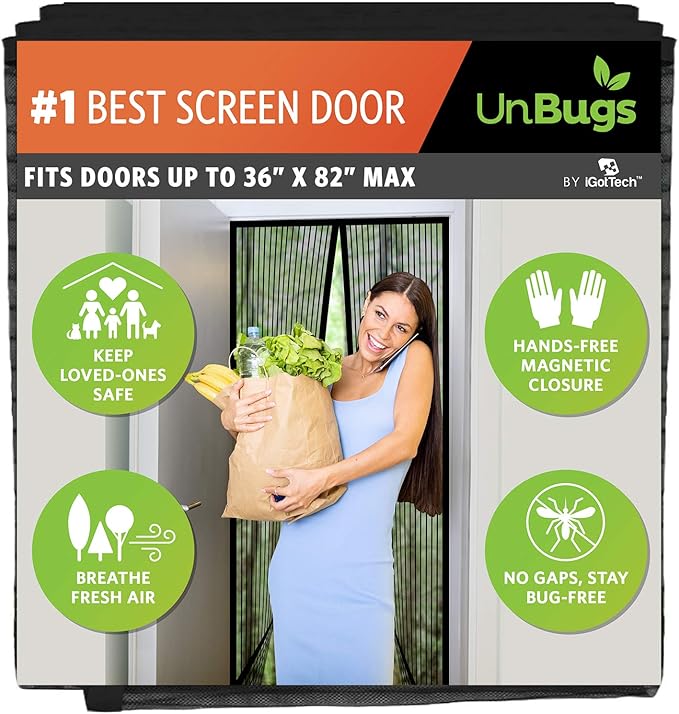 UnBugs Magnetic Screen Door - Fits Patio Door & Sliding Doors up to 72 x 80 Inches MAX - Pet & Kid Friendly, Self-Closing - Hands Free Magnet Closure Keeps Bugs Out & Breeze in