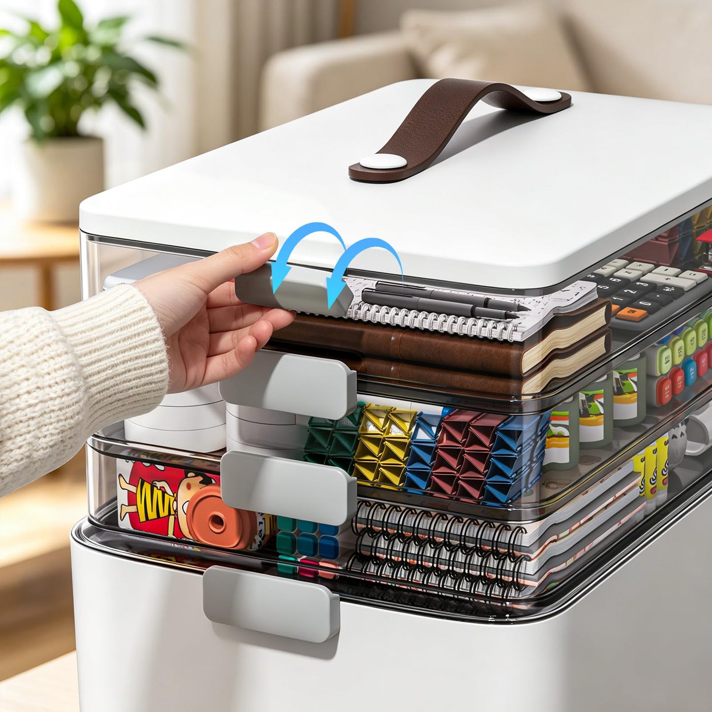 MOPUP 4-Tier Medicine Craft,Sewing,Art,Organizer Storage,Portable Latch Bin with Lid and Leather Handle,Pill Bottle, First Aid,Multipurpose Organizer with Removable Tray,A Household Essential