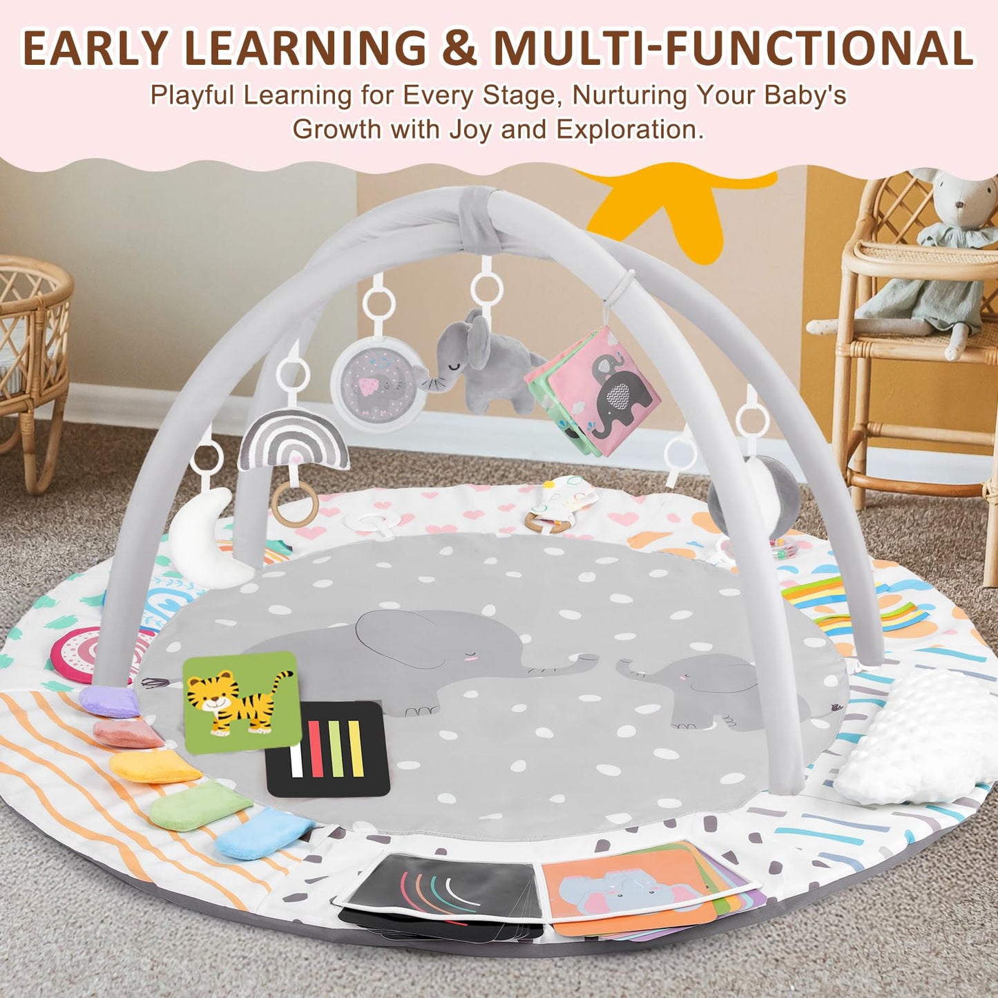 Baby Play Gym & Activity Mat, Tummy Time Mat with Cloud Toy, 7 Detachable Sensory Toys and Educational Cards for Motor Skills & Sensory Development, Baby Essentials Shower Gift, Grey Elephant