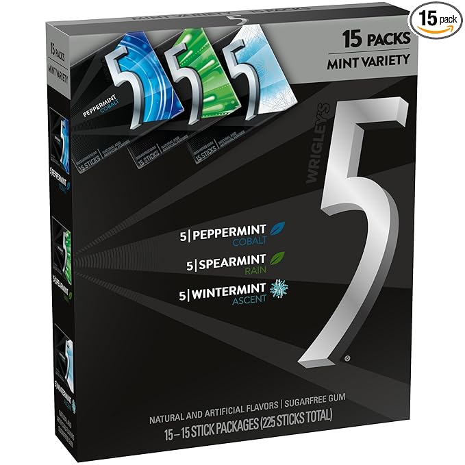 5 GUM Peppermint Cobalt, Spearmint Rain, Wintermint Ascent Sugar-Free Chewing Gum Variety Pack, 15 Packs, WRIGLEY'S 15 Stick
