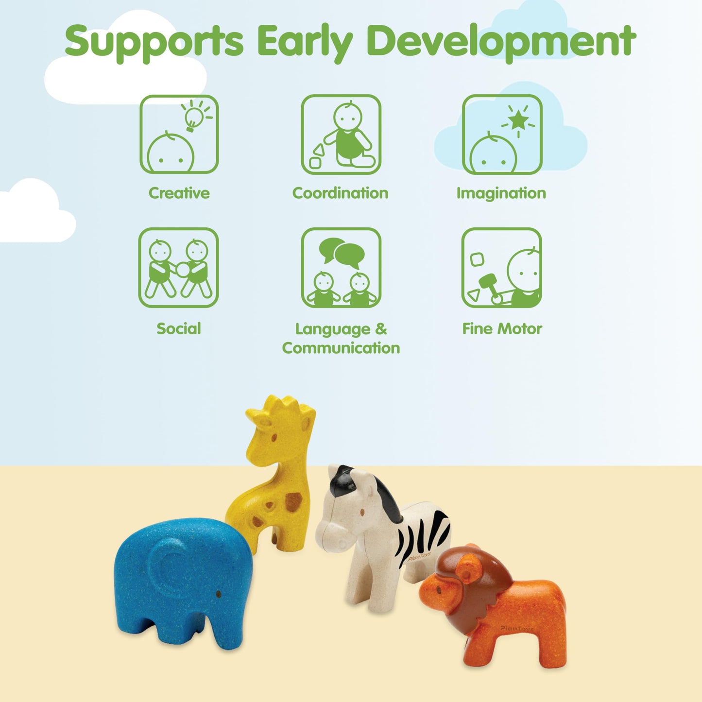 PlanToys® Wild Animals Set Wooden Montessori Imaginative and Creative Play Toy | Language, Social Development and Coordination Activity | Eco Friendly Safari Animal Figurine Set