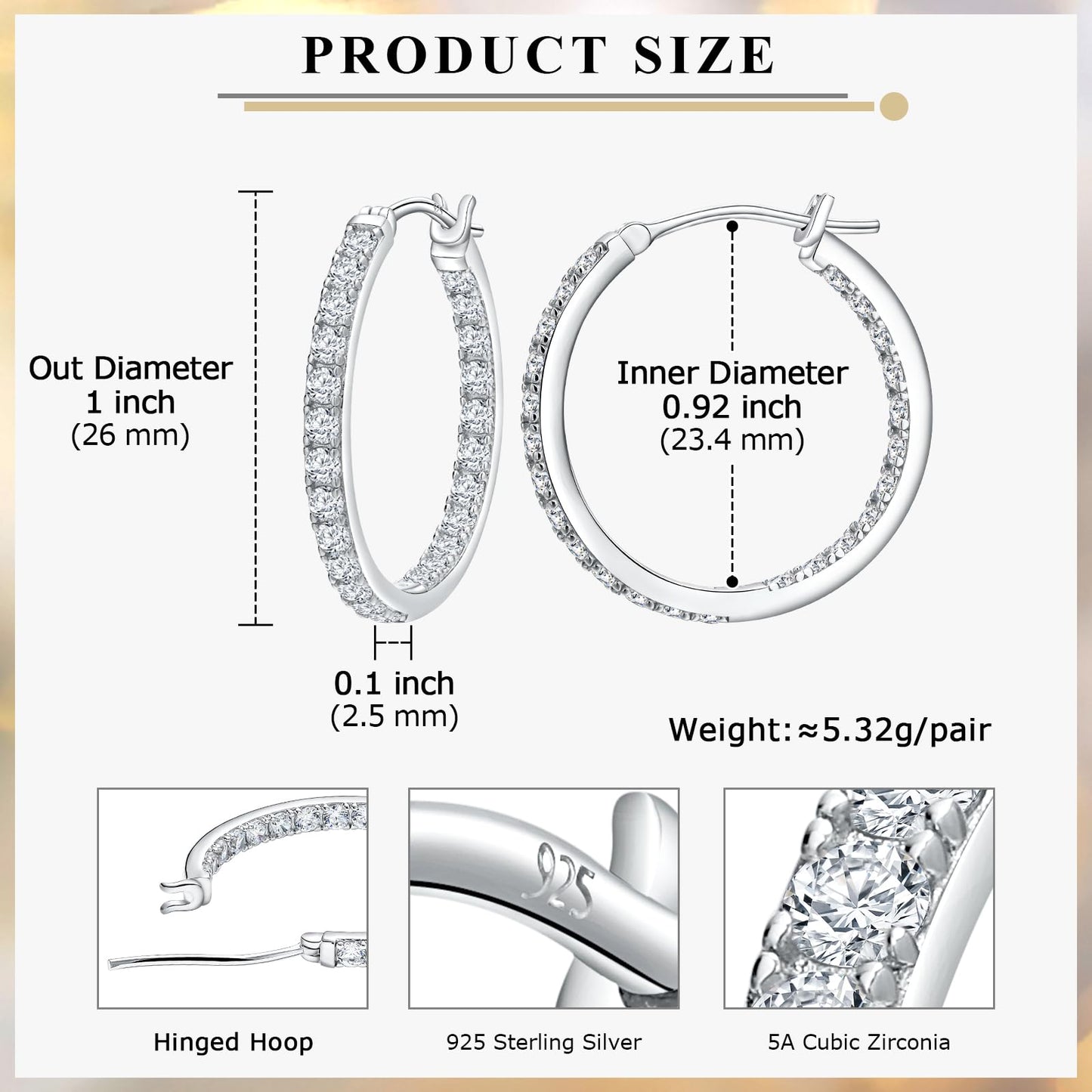 AGRULE 26mm Sparkle Cubic Zirconia Hoop Earrings Sterling Silver Small Hoops Diamond Hoop Earrings for Women