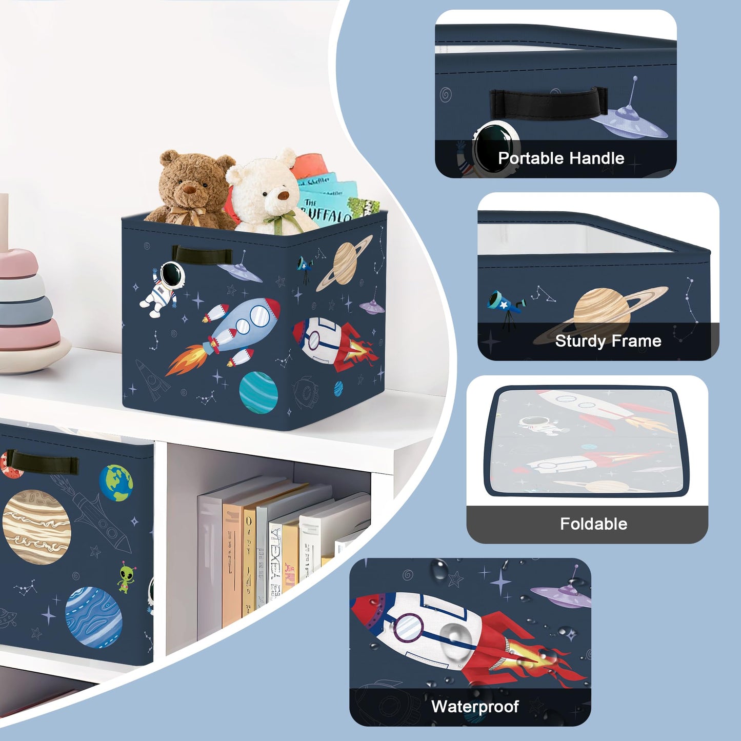 Clastyle 3 pcs Cosmic Space Cube Storage Unit Boxes Stars Kallax Box for Shelves Parents Storage Baskets for Book Clothes Toy Organizer, Rocket, 11.8x11.8x11.8 in