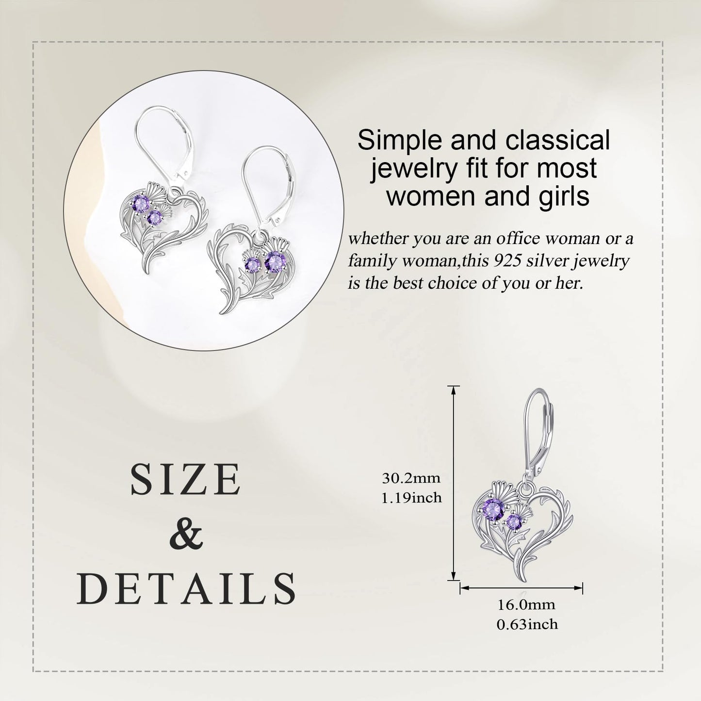 Scottish Thistle Earrings Sterling Silver Heart Scotland Thistle Dangle Dangling Drop Charm Jewelry Gifts for Women