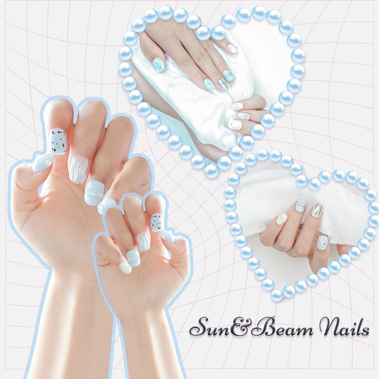 Sun&Beam Nails Handmade Press-on Short Squoval Round Blue Silver White 3D Star Minimalist Design Fashion False Nail Tips 10 Pcs Set (#175 M)