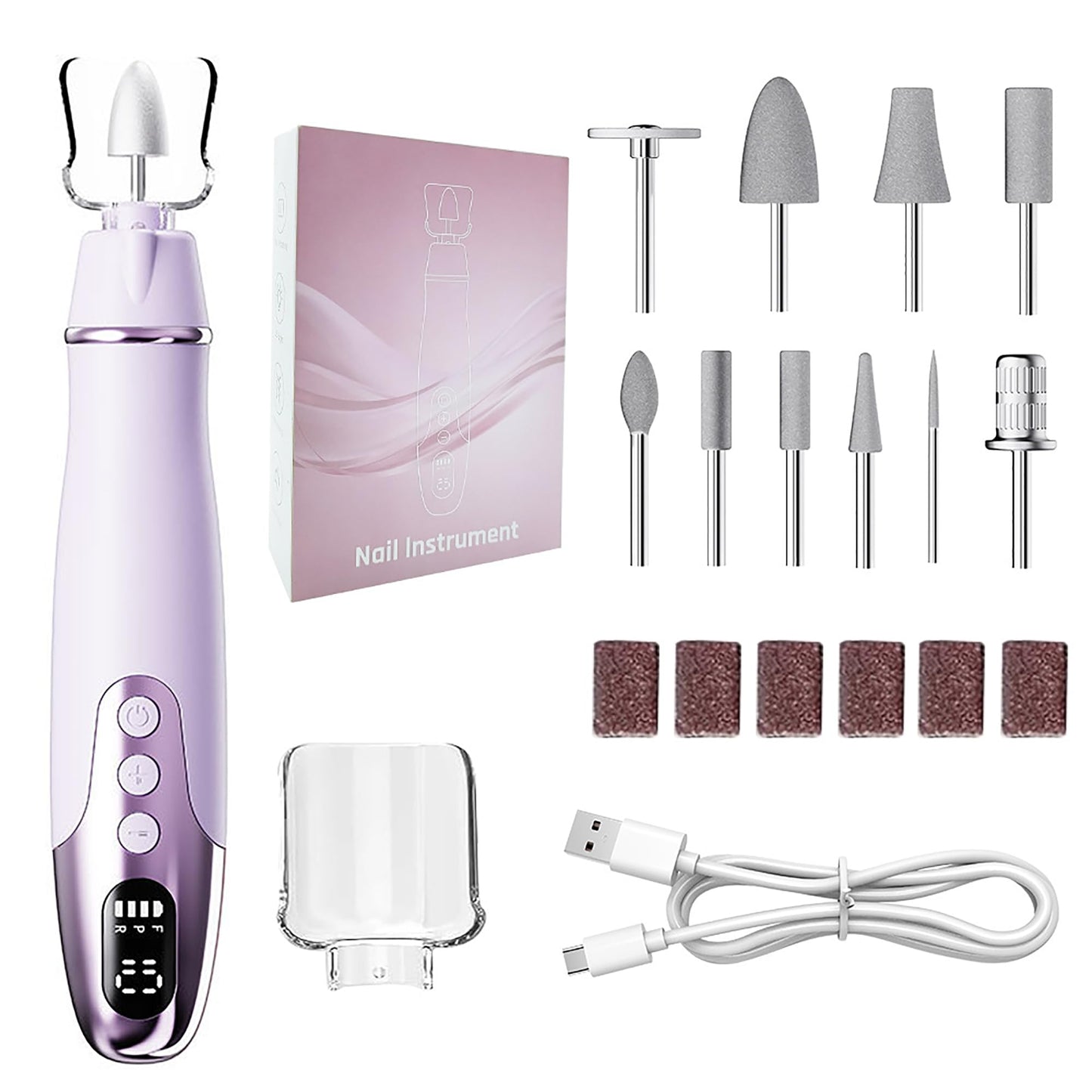 Cordless Electric Nail Drill Set: Professional Nail Filer with LCD & LED Lamp, Rechargeable Manicure-Pedicure Tools for Hand & Foot Care, for Thick Nails, Toenails & Cuticle Care (Purple)