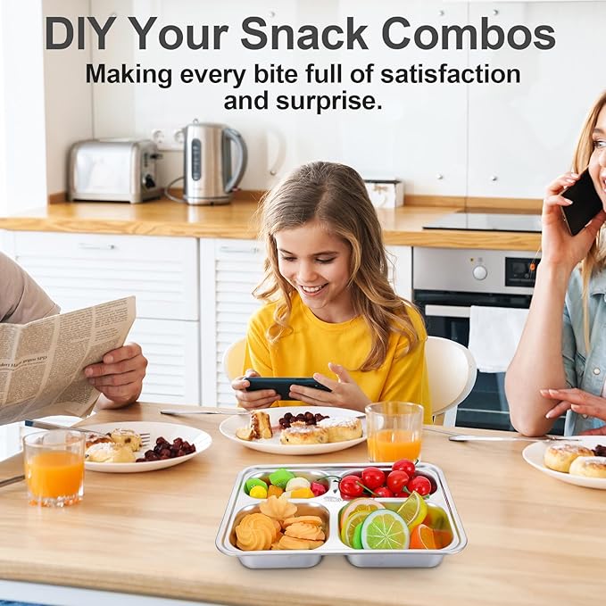 3Pcs Stainless Steel Snack Containers with Lids, 4 Compartments Bento Snack Boxes Reusable Metal Food Fruit Storage Prep Containers for School Home Travel