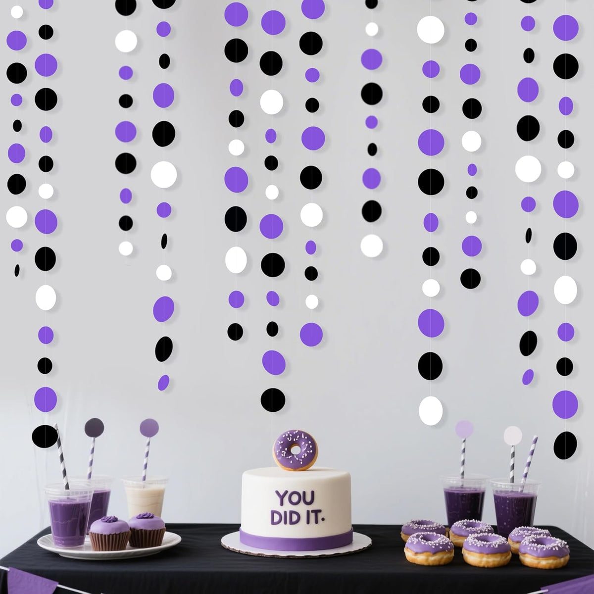 46Ft Purple Black Circle Dots Garlands Black Purple and White Polka Dot Hanging Paper Streamer Banners for Birthday Graduation Wedding Bridal Shower Baby Shower Halloween Party Decorations Supplies