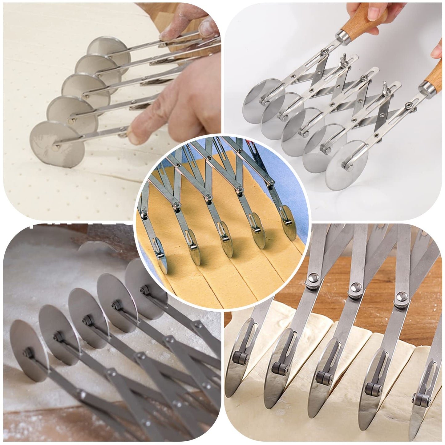 Juome 5 Wheel Pastry Cutter with Wooden Handle, Multi-Round Wheel Pasta Dough Cutter Roller Pizza Slicer Accordion Pastry Knife Divider Tool