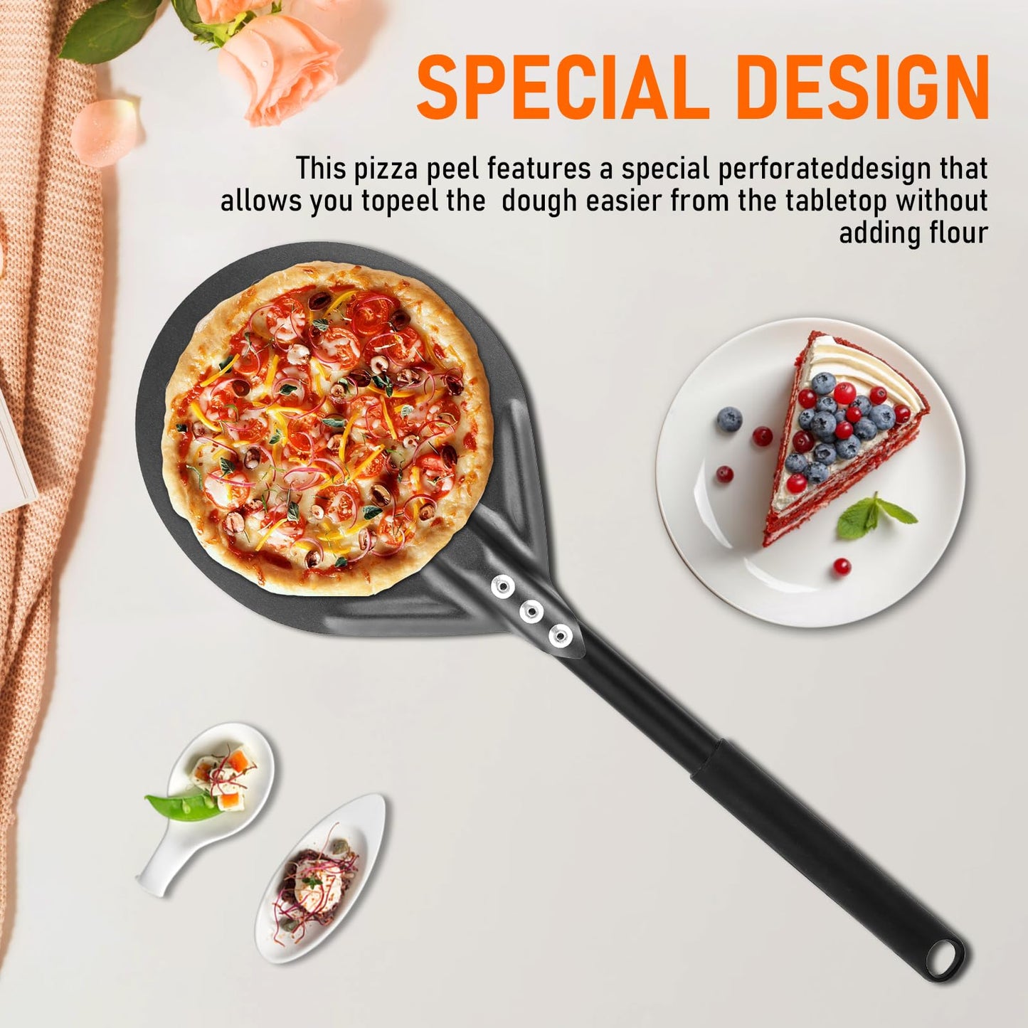 Perforated Pizza Peels 6 INCH pizza spatula paddle Long Handle Metal Pizza Spatula for Indoor and Outdoor (6 Inch)
