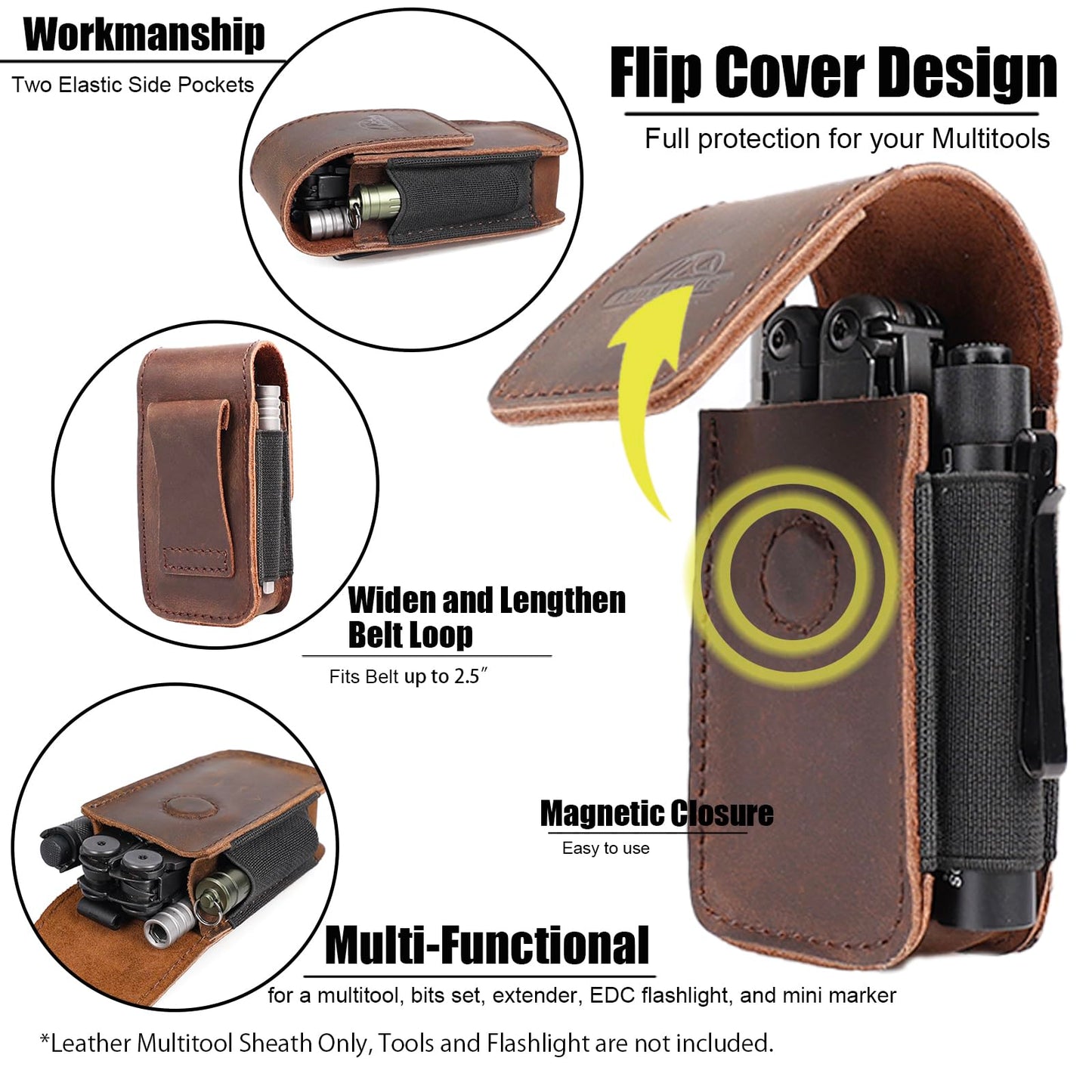 Topstache Leather Multitool Sheath for Belt - EDC Belt Organizer for Leatherman, Gerber - Magnetic Closure Multitool Holster Pouch Fits Folding Tool - Leather Multi Tool Case, M, Darkbrown
