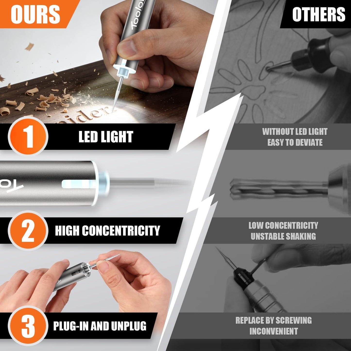 Engraving Pen with LED Light,HollowCup Motor,Cordless USB Rechargeable Rotary Tool for Metal,Wood,Glass and Plastic,DIY Engraving Kit with 30 Bits,Silver