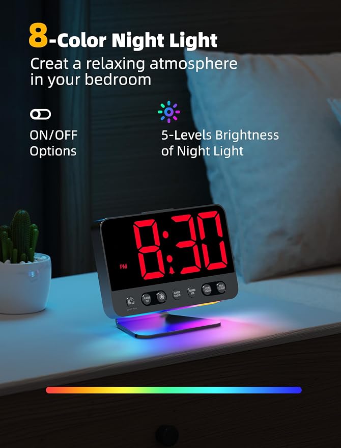 Odokee Digital Alarm Clocks for Bedrooms with Large Bold Number | Electric Desk Clock with Night Light & Brightness Dimmer - Loud Alarm for Heavy Sleepers with Adjustable Volume - Red