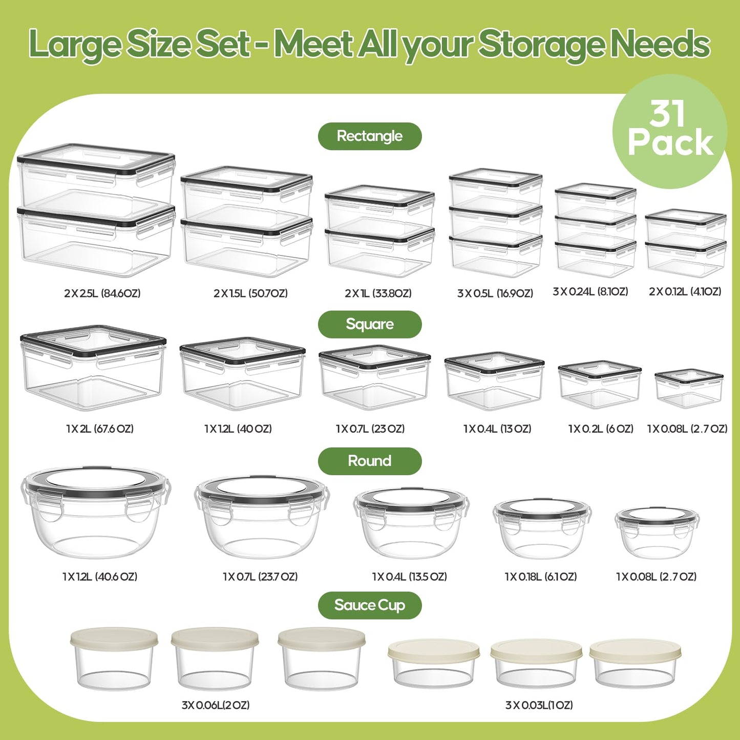 62 PCS Large Food Storage Containers with Lids Airtight (31 Lids & 31 Containers)- 85 OZ Reusable Plastic Leakproof Meal-Prep Container for Kitchen Storage Organization Microwave/Dishwasher Safe