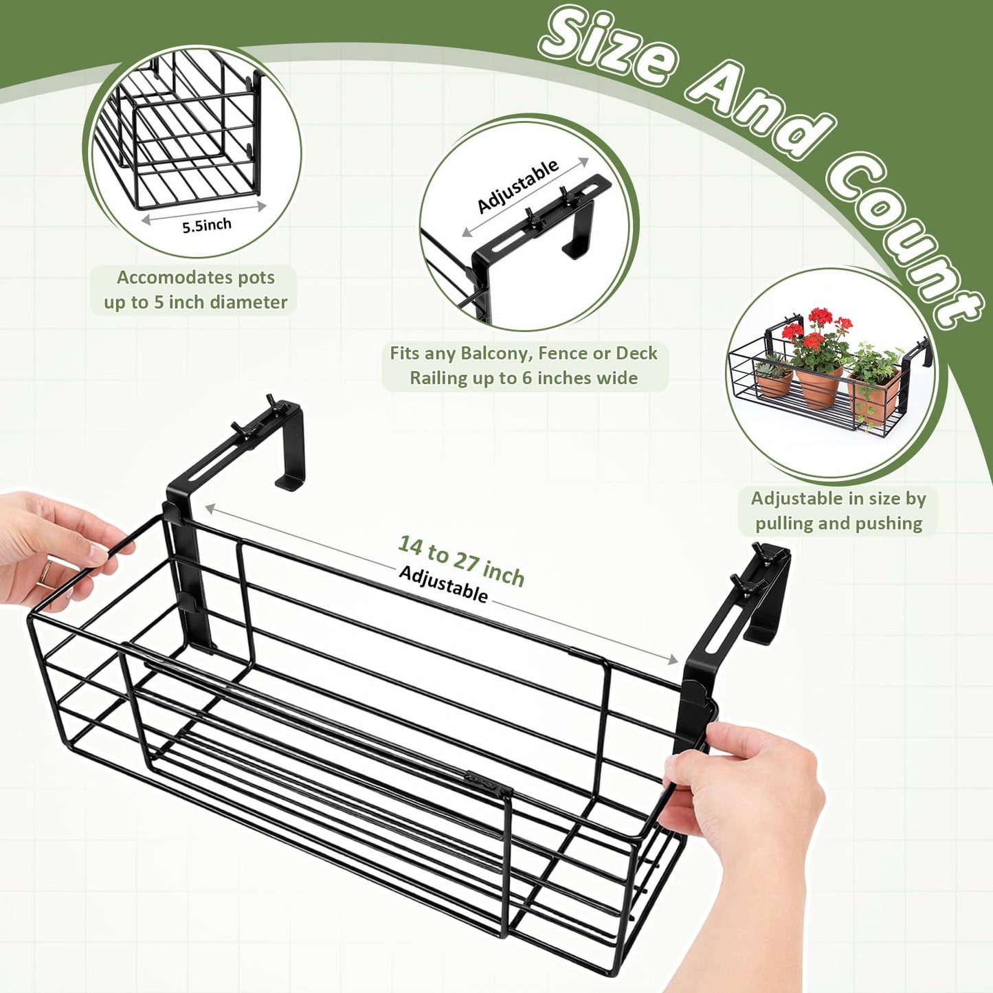 Youyole Railing Hanging Planter Holders, Adjustable Balcony Flower Pot Rack Stand, Expands 14"-27" Iron Hanger Hooks Fit Almost Any Balcony, Fence or Deck Railing up to 6" Wide(Black)