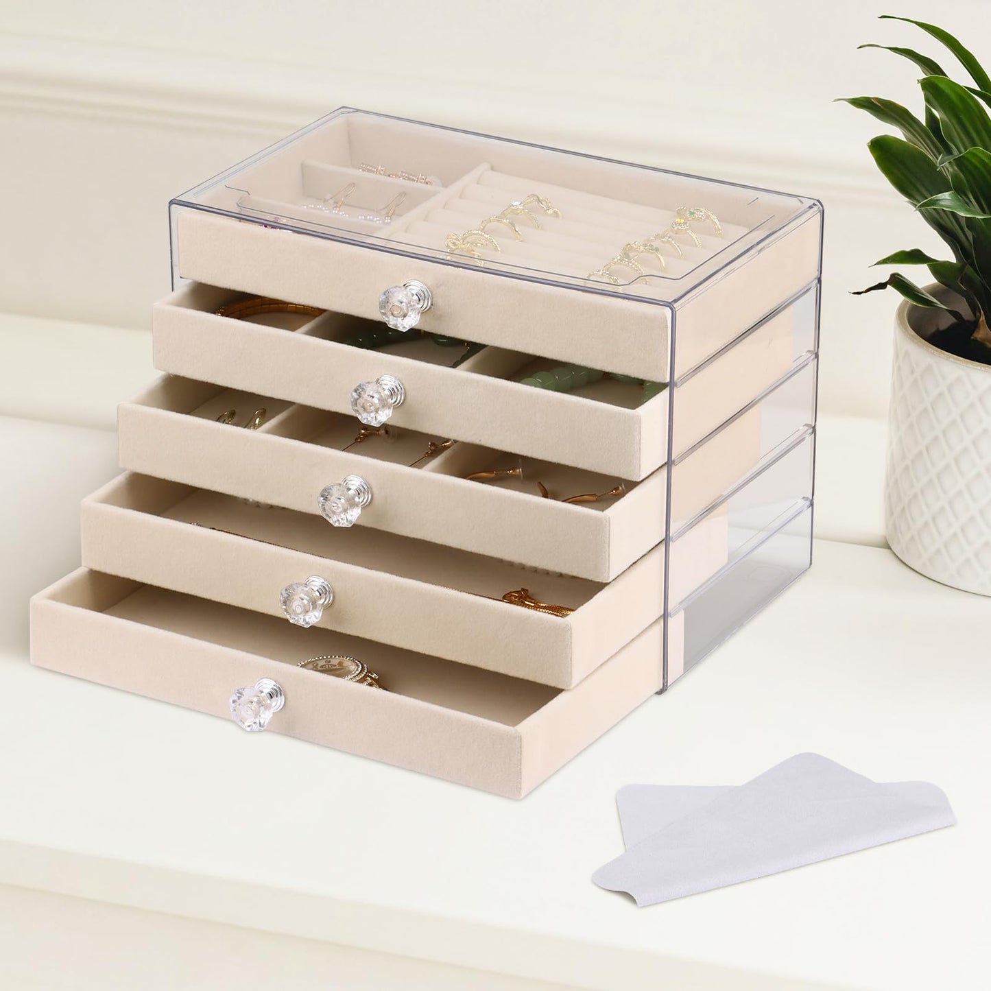Hyber&Cara Luxury Acrylic Jewelry Box Organizer - 5 Drawers Velvet Lined Clear Stackable Storage for Earrings Necklaces Rings Bracelets Elegant Beige Dresser Top Vanity Display