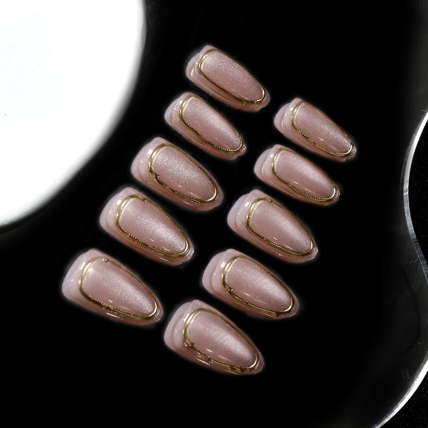 VOTACOS Cat Eye Acrylic Press on Nails Almond Medium Light Pink Acrylic Fake Nails Press Ons with Designs Gold Glue on Nail for Women 24PCS Reusable Artificial Stick on False Nail with 3D Line Designs