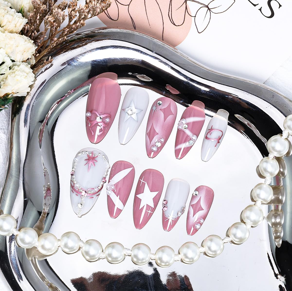 24Pcs Pink Almond Press on Nails Medium French Tip Fake Nails Silvery White Star Glue on Nails with 3D Pearl Rhinestones Full Cover Handmade False Nails Bow Acrylic Nails for Women Stick on Nails